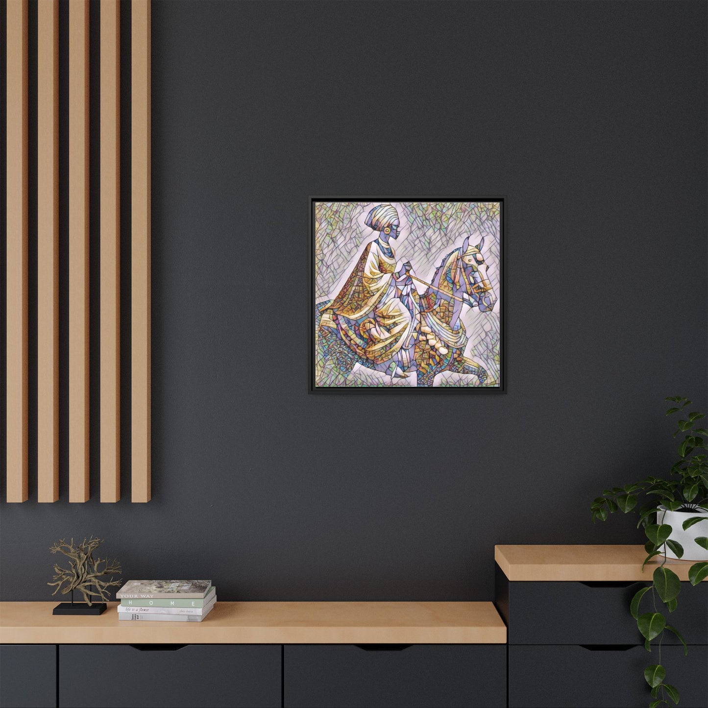 Mosaic Rider Framed Canvas Art — African Horsewoman Wall Decor