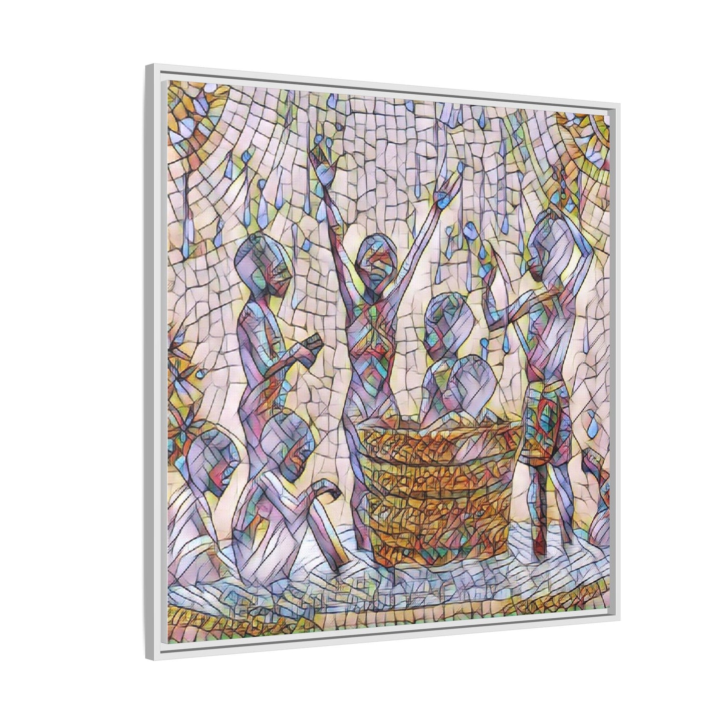 Framed Matte Canvas Art — Children Playing Mosaic Illustration
