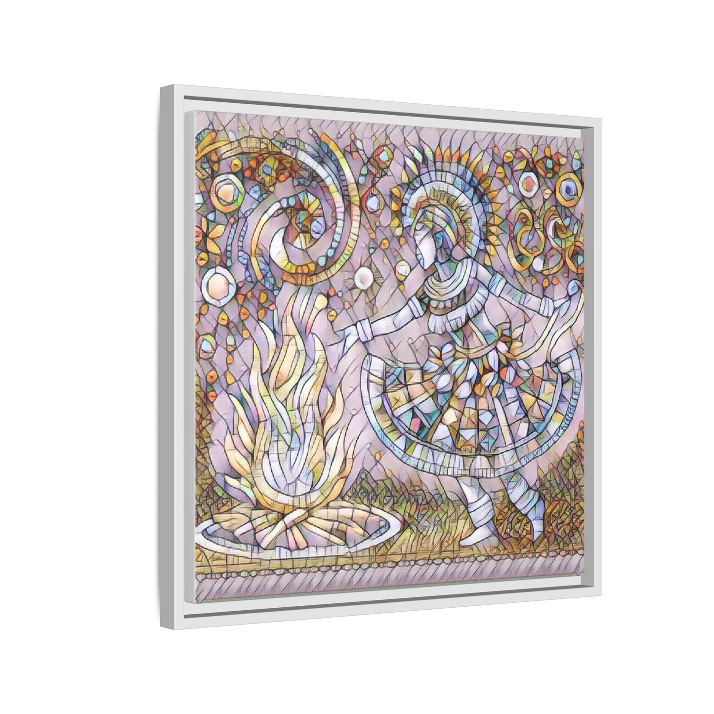 Bohemian Fire Dancer Framed Canvas Art — Colorful Folk Mosaic Wall Decor