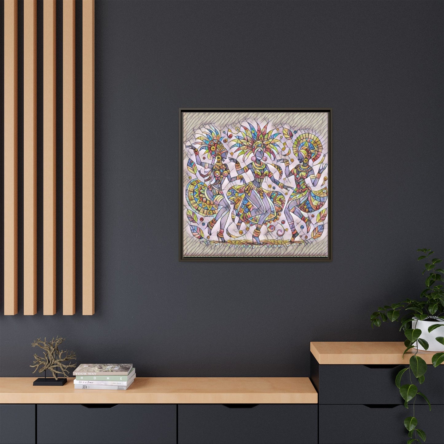 Colorful Carnival Dancers Framed Canvas Art — Multicolor Tribal Celebration Print
