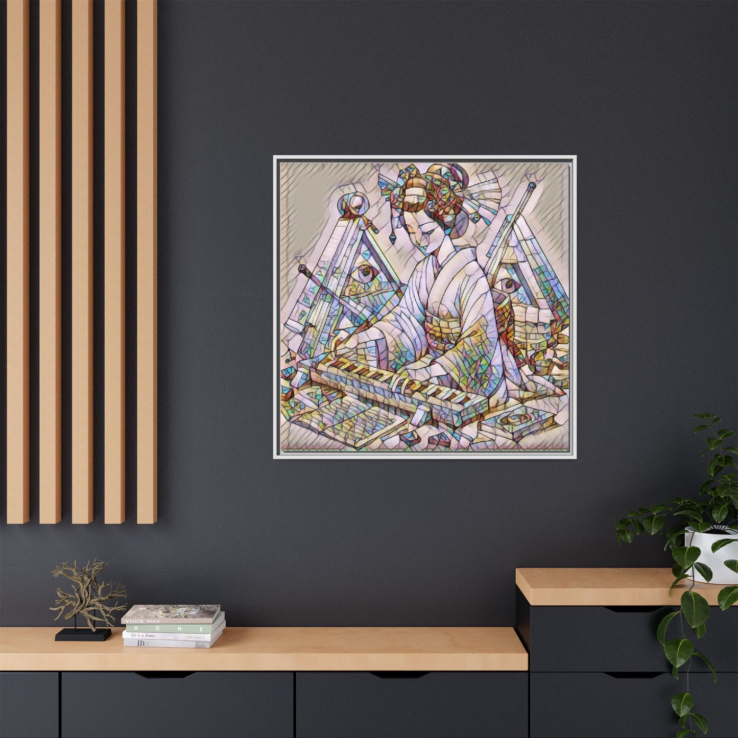 Framed Matte Canvas: Stained-Glass Geisha Wall Art