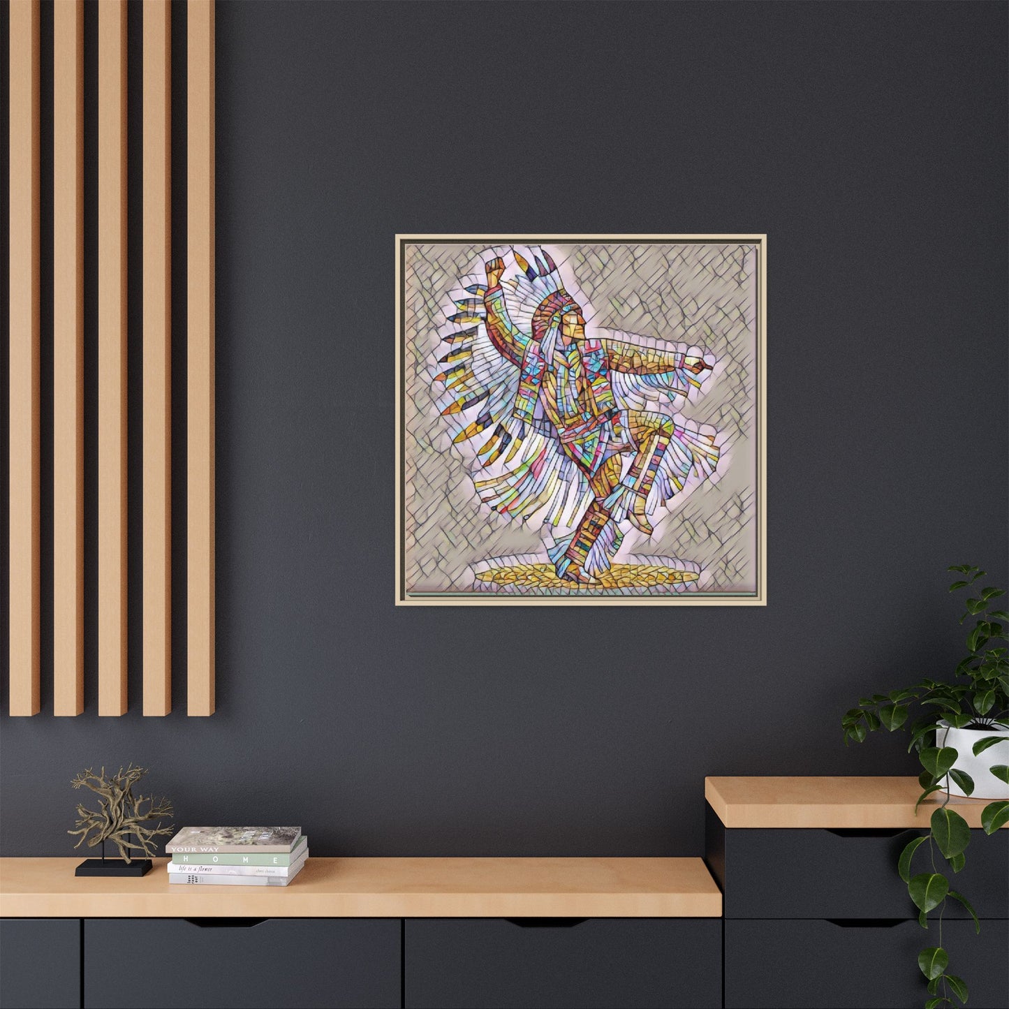 Colorful Native Dancer Framed Canvas Art — Stained Glass Style Wall Decor