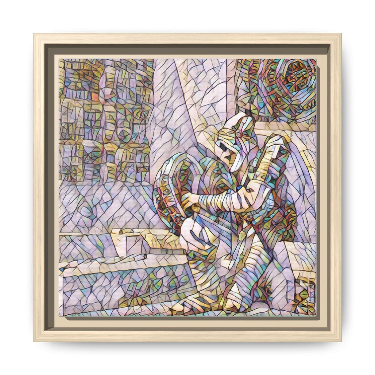 Framed Matte Canvas Art — Colorful Stained-Glass Astronaut Embrace