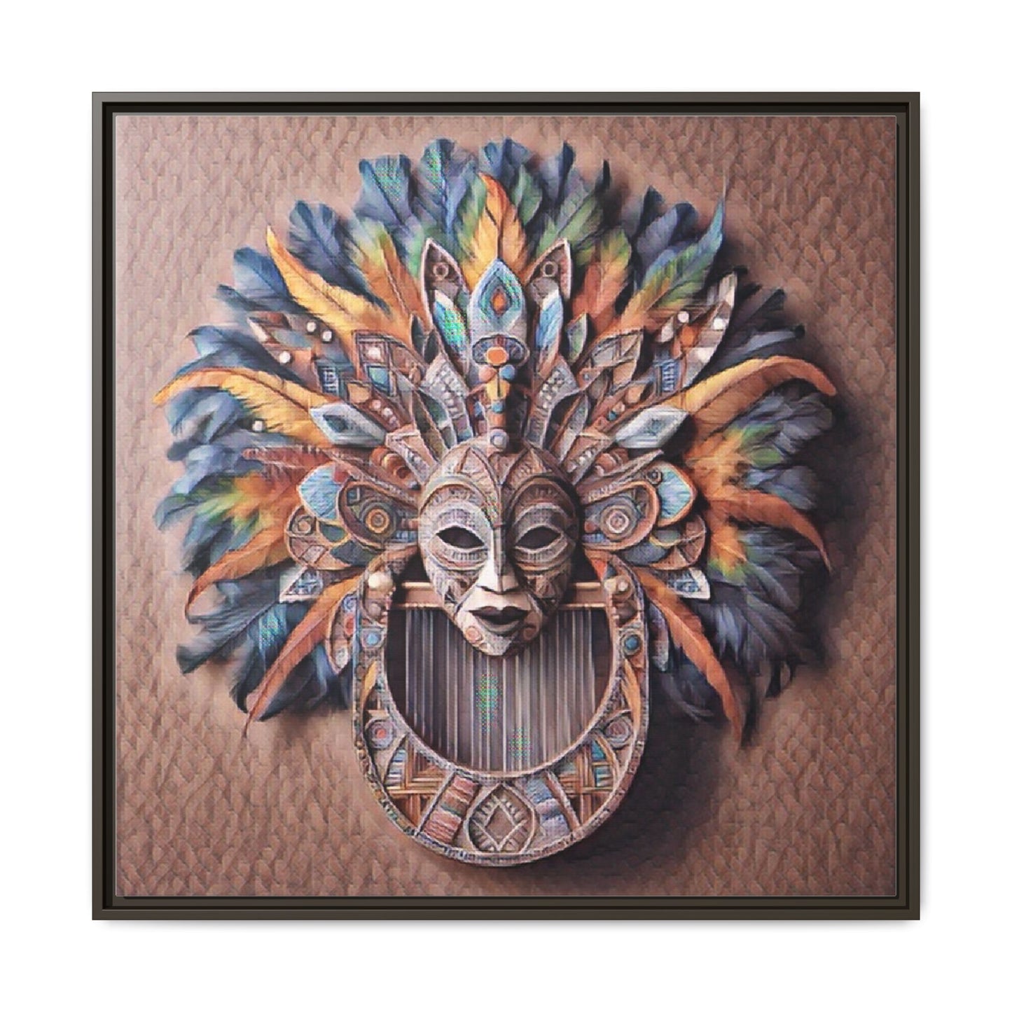 Tribal Feather Mask Framed Canvas Wall Art — Colorful Boho Decorative Print