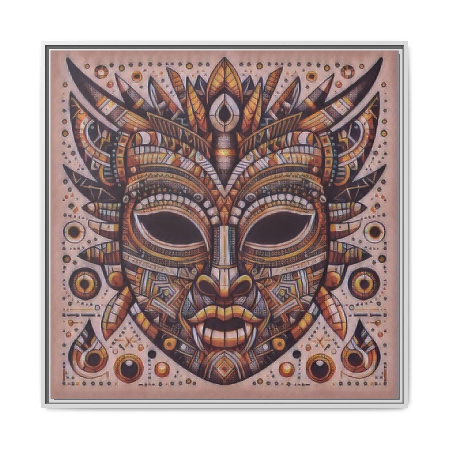 Tribal Mask Framed Canvas Art — Multicolor Matte Wall Decor