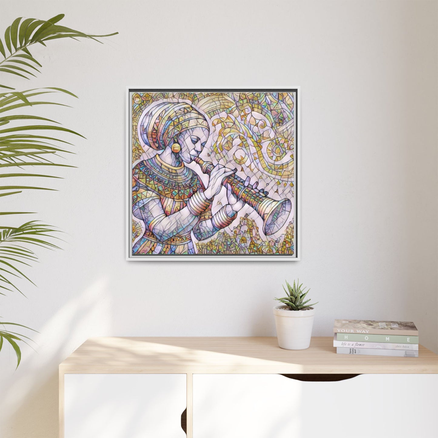 Egyptian Flutist Mosaic Matte Canvas Framed Art