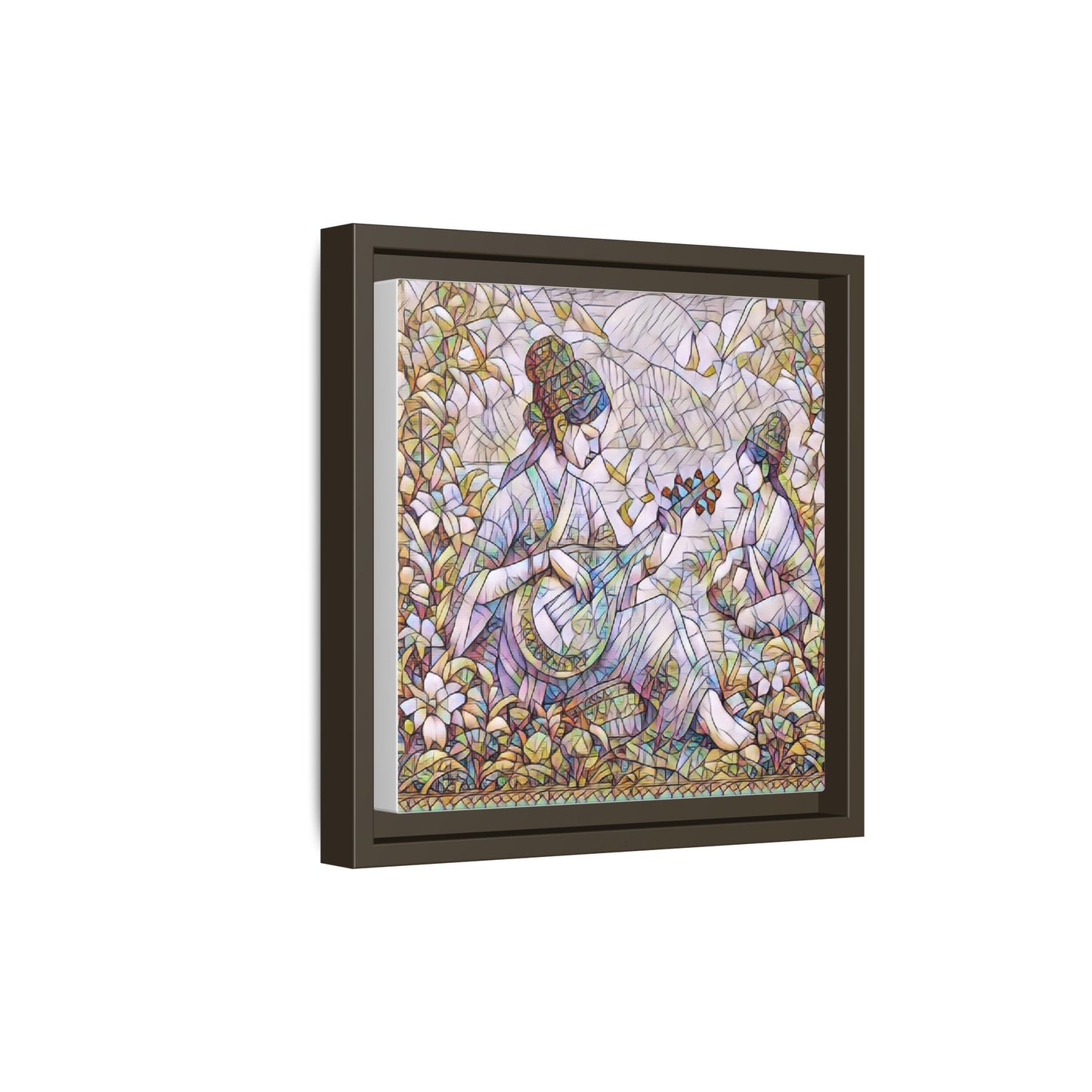 Framed Matte Canvas Art - Vintage Asian Musicians Floral Illustration