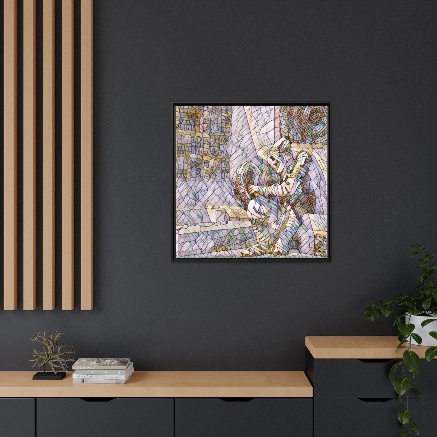 Framed Matte Canvas Art — Colorful Stained-Glass Astronaut Embrace