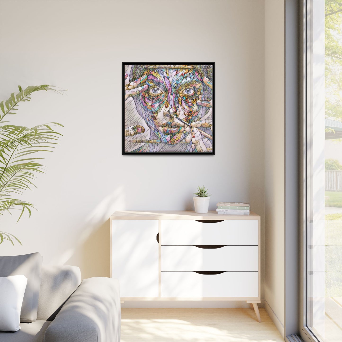 Framed Abstract Mosaic Face Canvas — Colorful Modern Wall Art