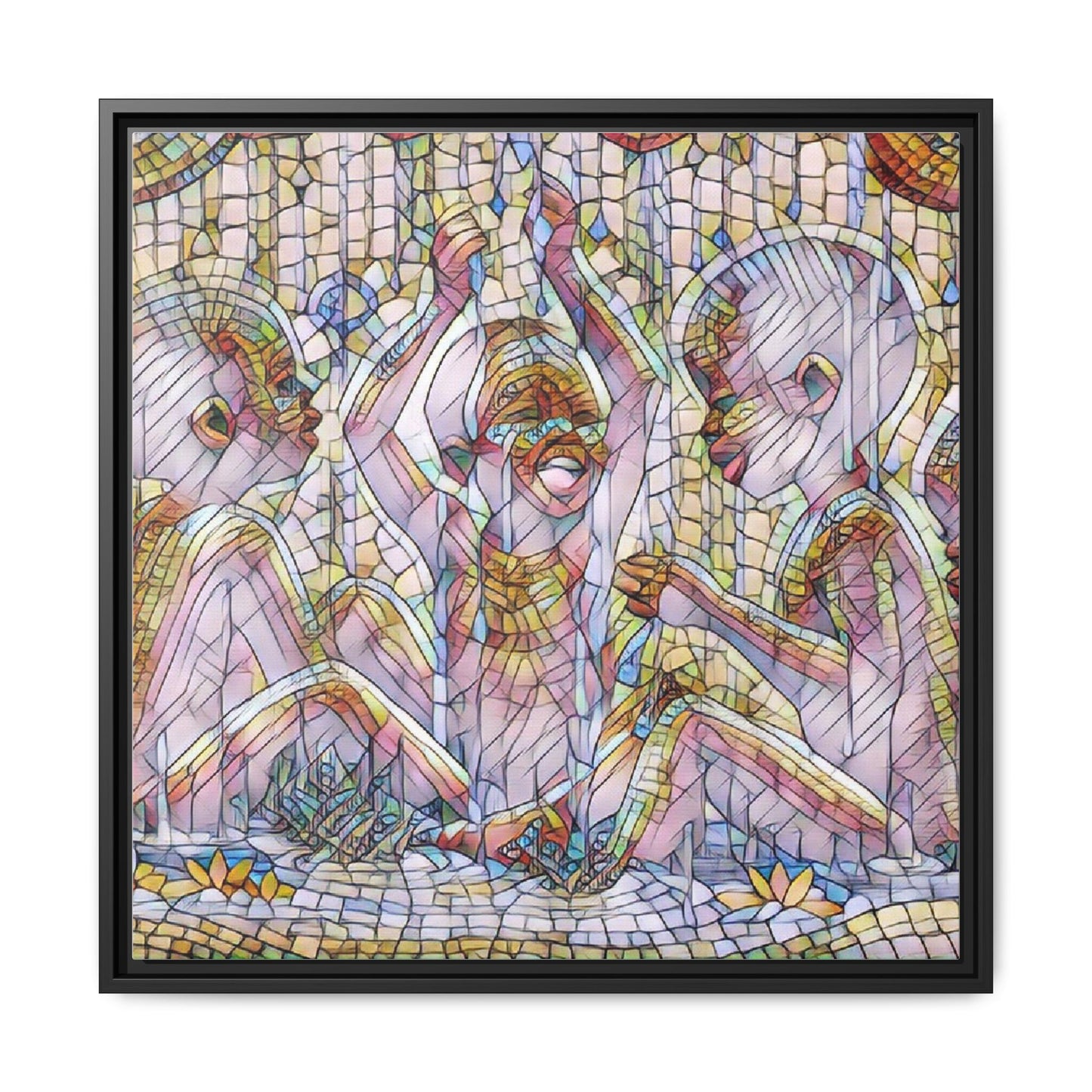Framed Matte Canvas Art — Mosaic Children Playing (Multicolor)