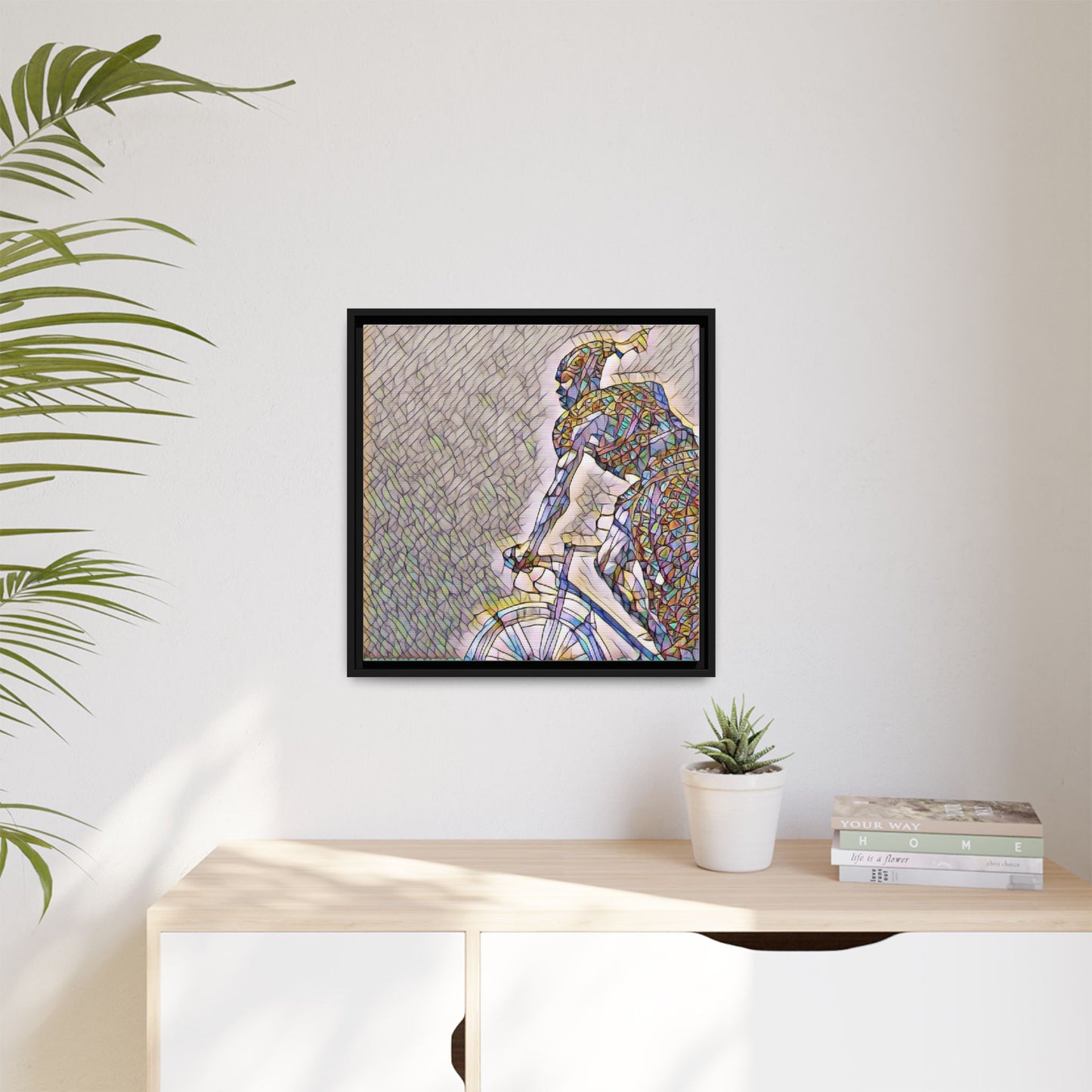 Cyclist Mosaic Matte Canvas Print — Framed Multicolor Bike Art