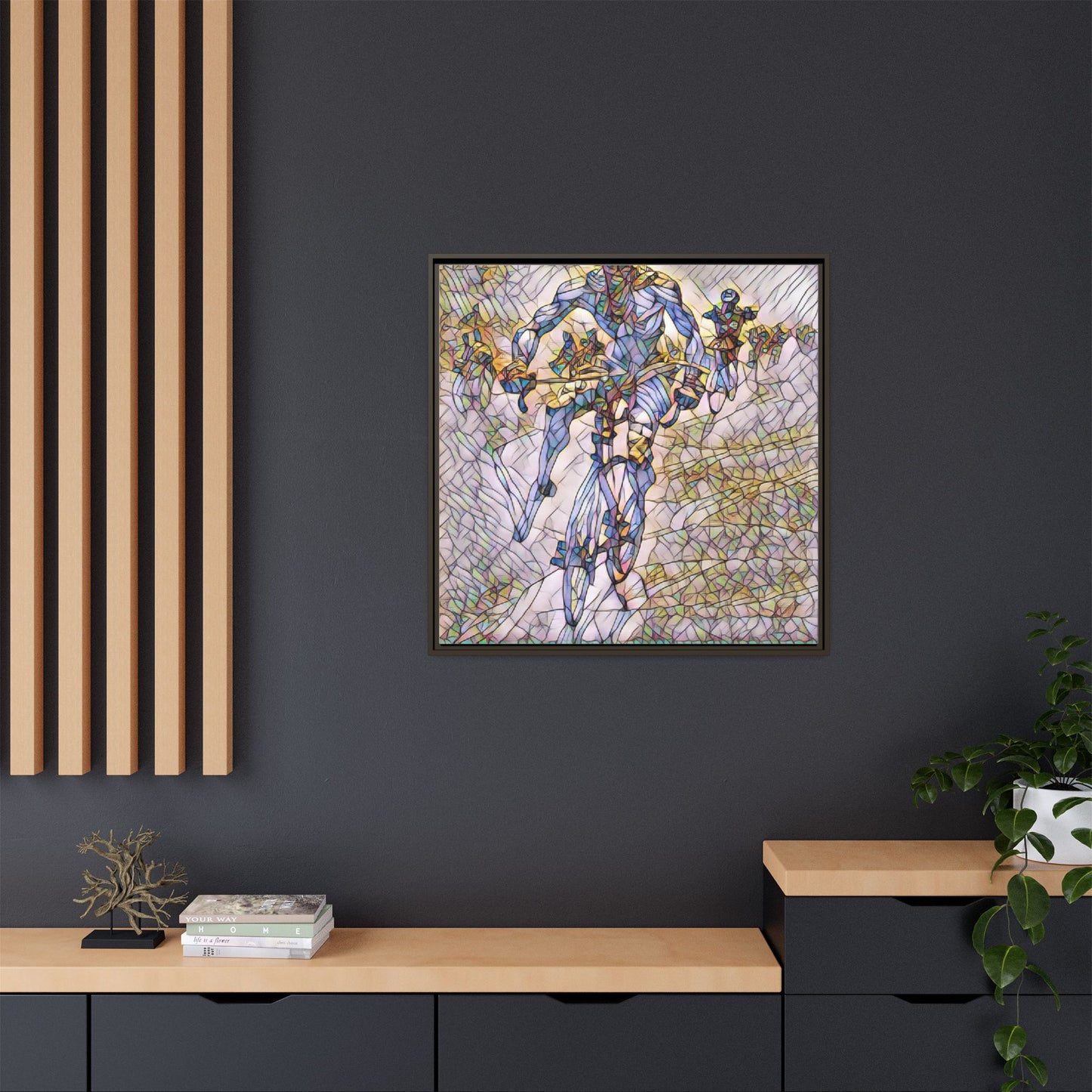 Abstract Cyclist Matte Canvas Framed Art — Colorful Stained-Glass Bike Print