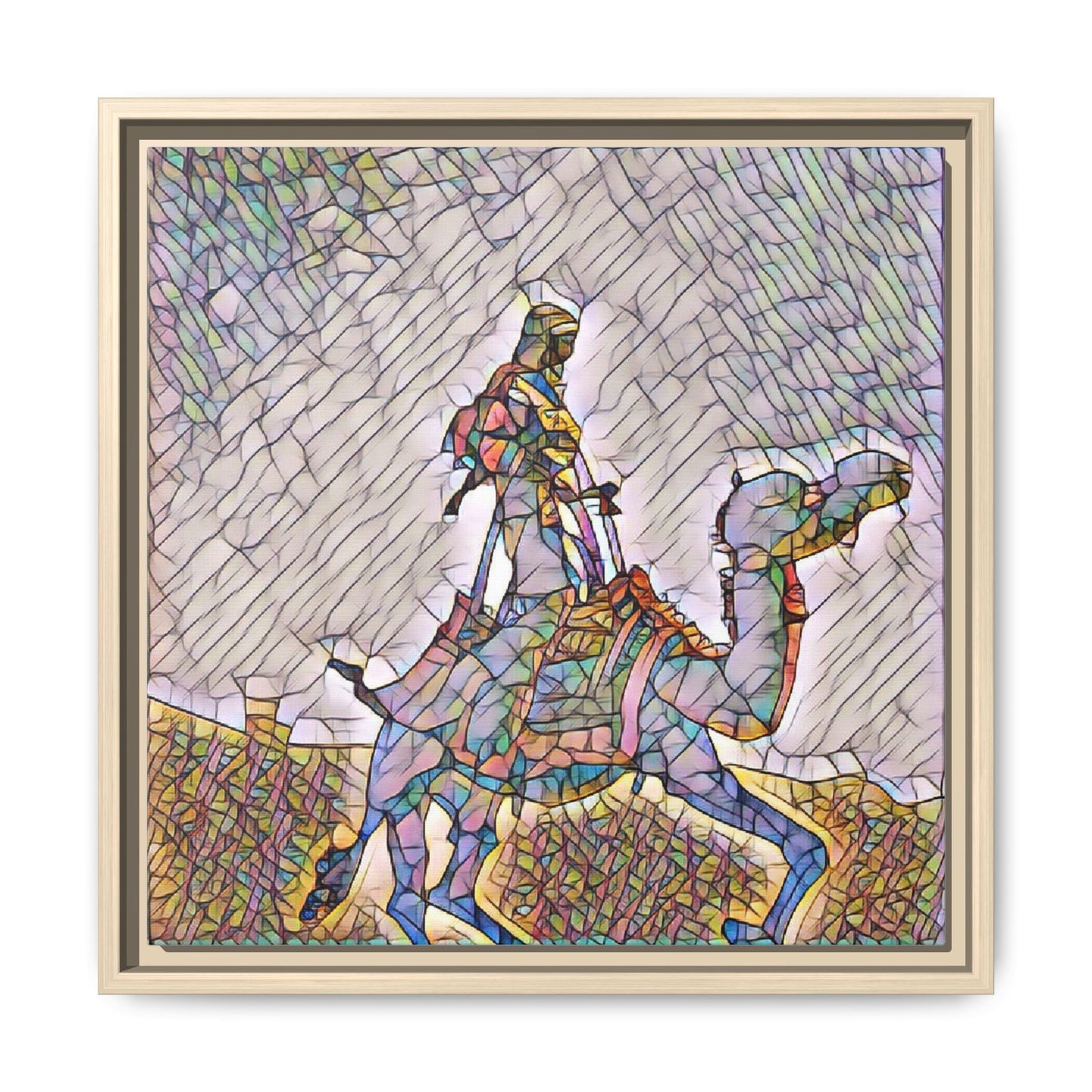 Framed Camel Rider Matte Canvas Art — Colorful Mosaic Desert Wall Decor