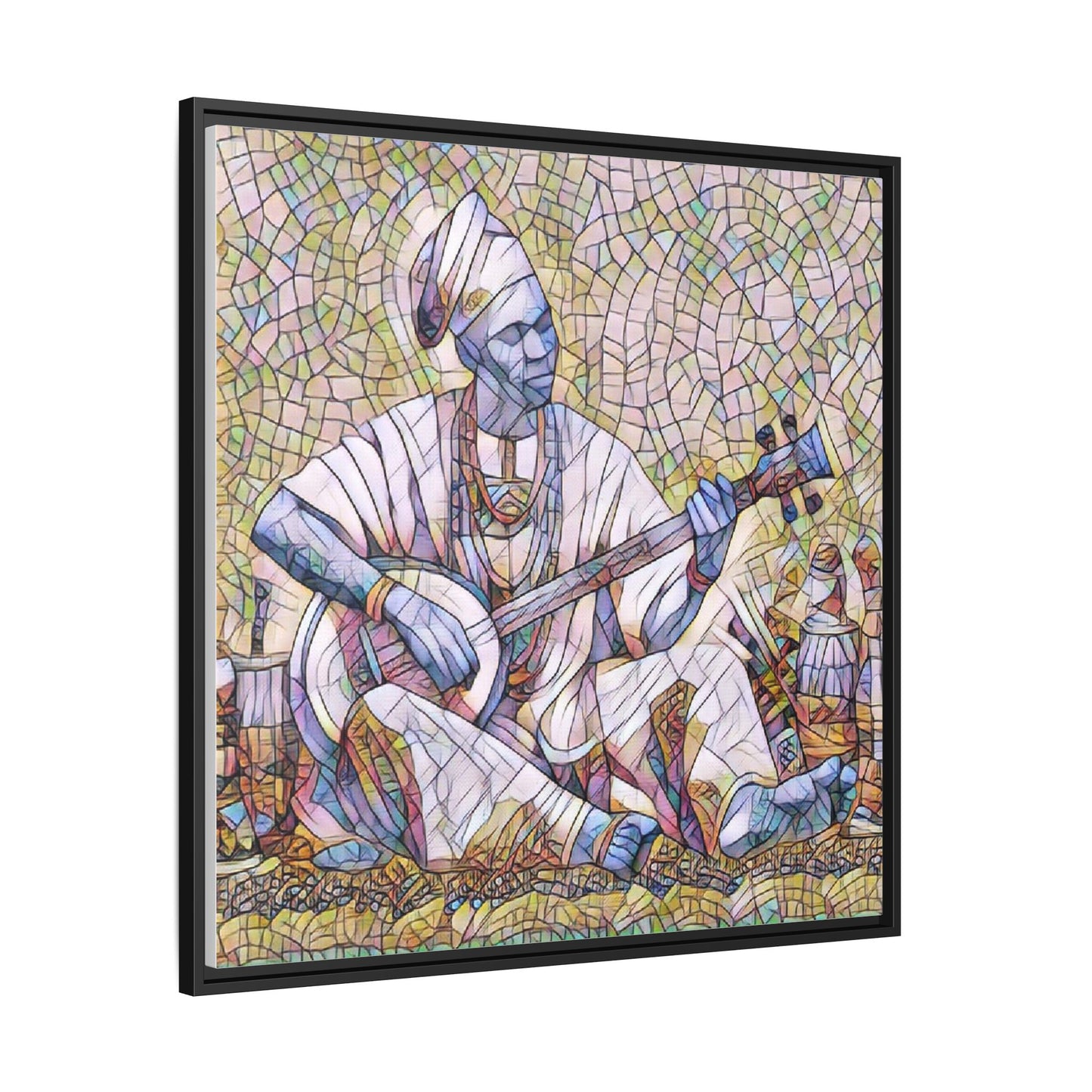 Framed Mosaic Musician Canvas Art — African Griot with Kora