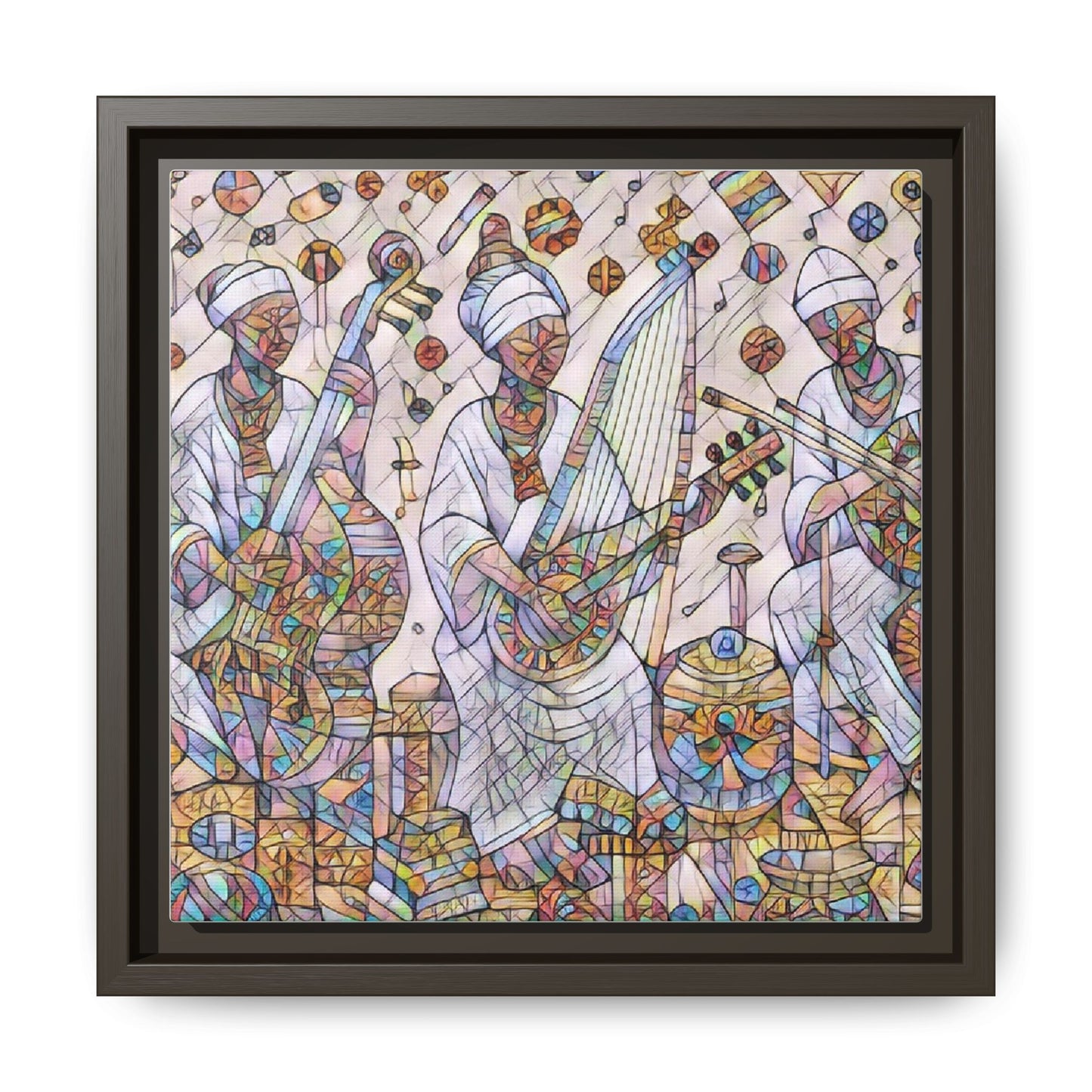Framed Matte Canvas Print — Colorful African Musicians Stained-Glass Art