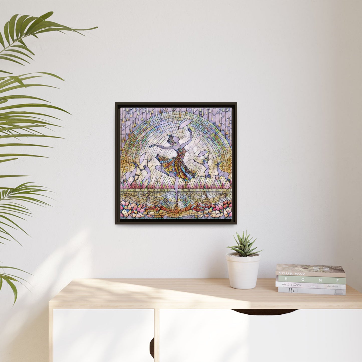 Stained Glass Ballerina Framed Canvas Art — Dancer Mosaic Wall Decor
