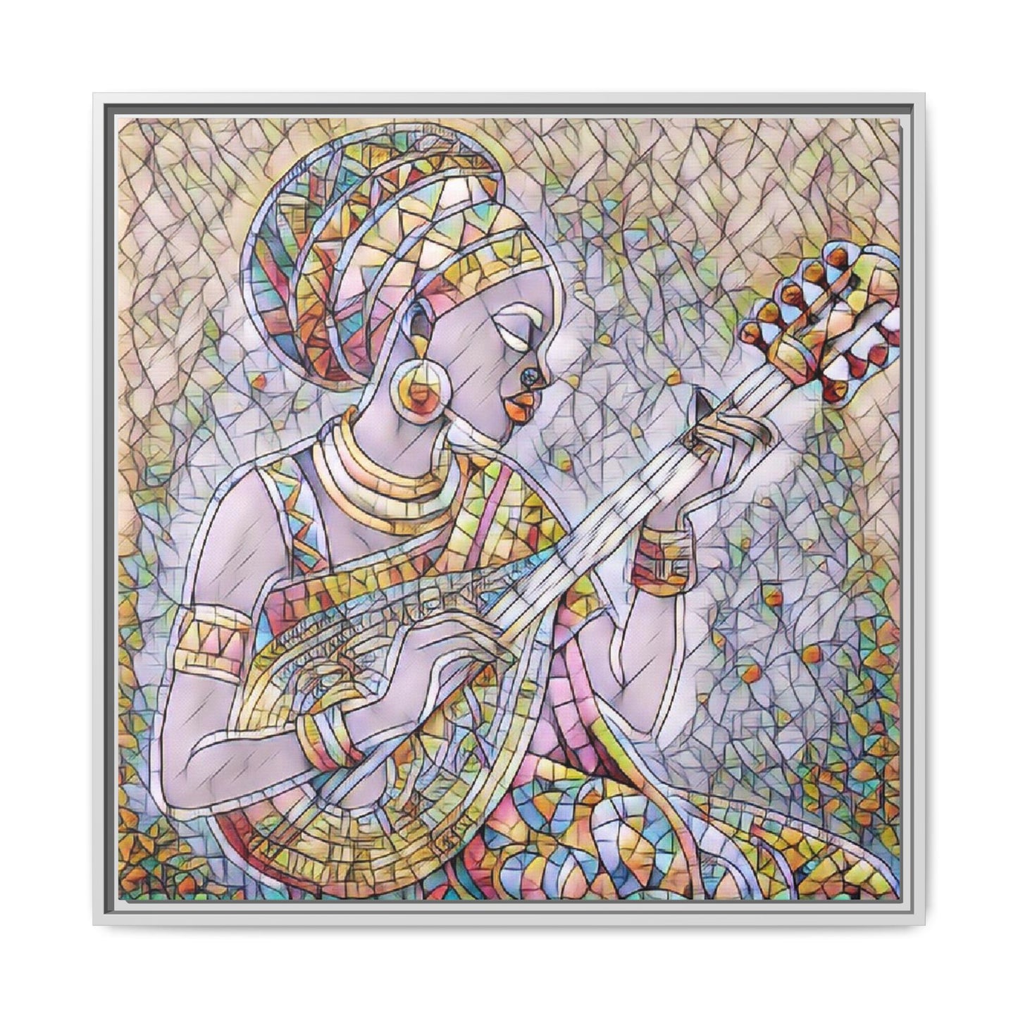 Framed Canvas Art — Colorful African Woman Playing Lute (Matte Multi‑Color)