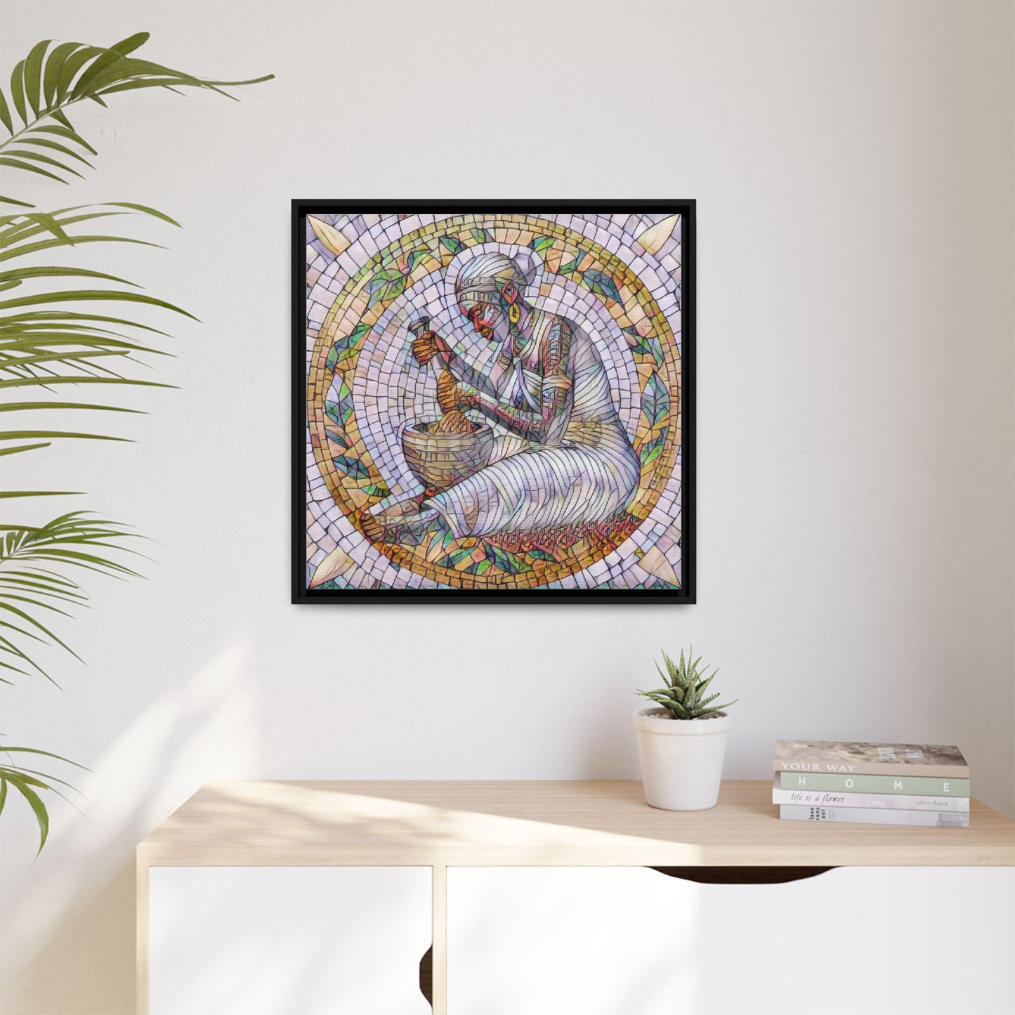 Framed Mosaic Art Print — Woman Grinding Grain (Matte Canvas)