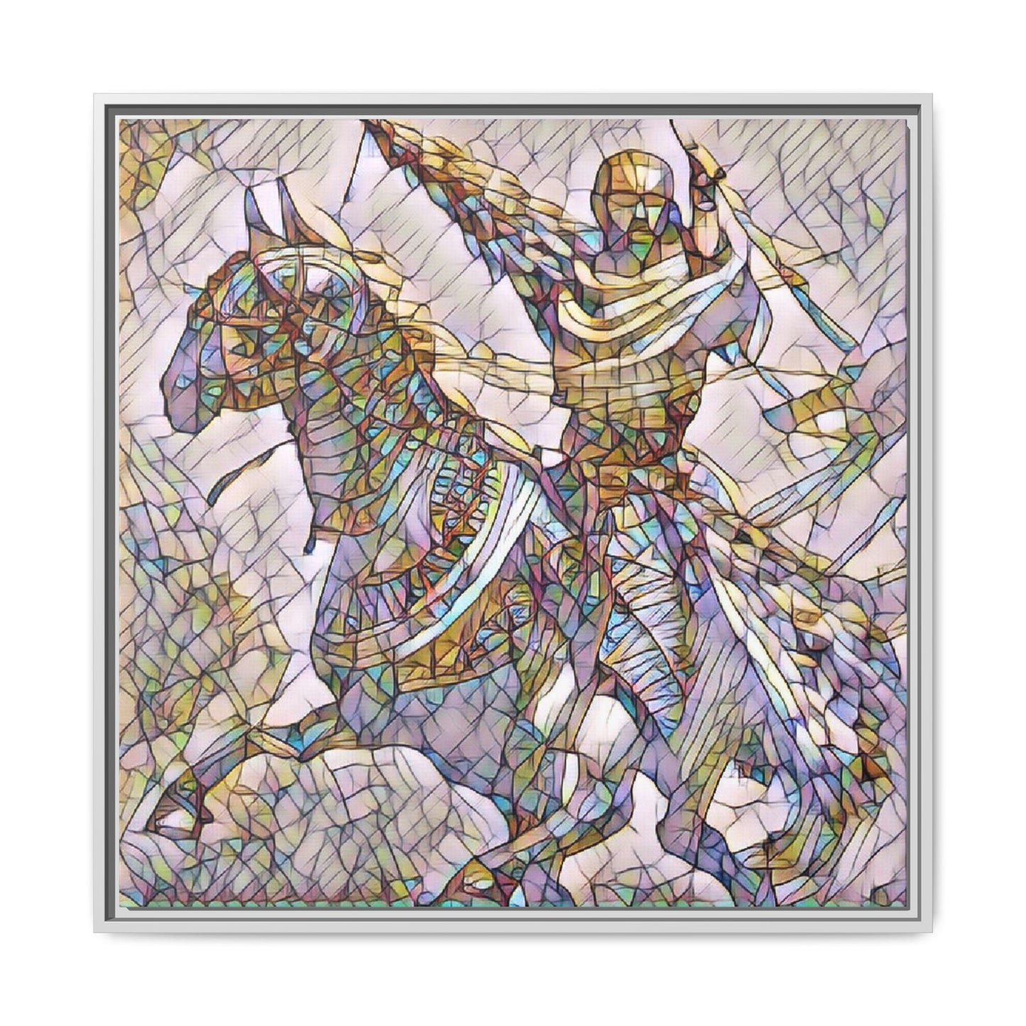 Framed Matte Canvas Print — Stained Glass Knight on Horse Artwork