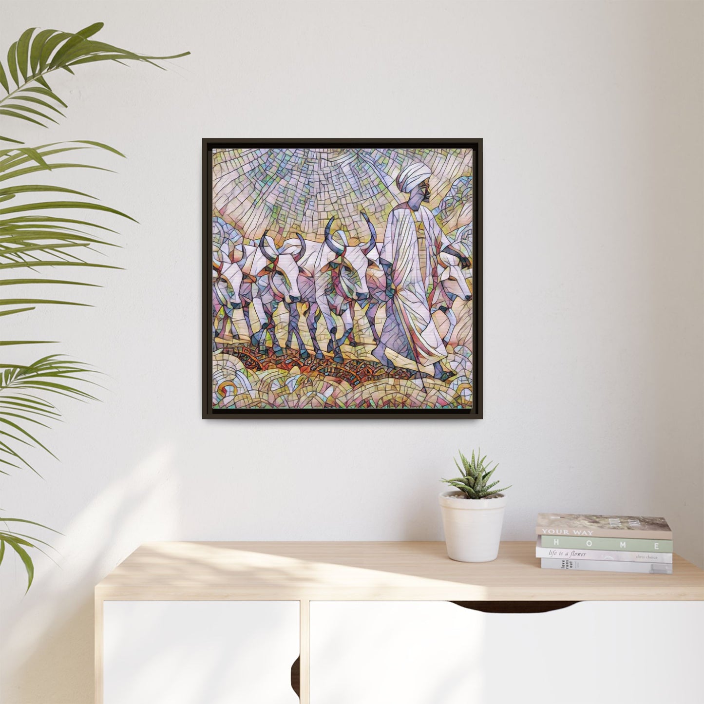 Framed Matte Canvas Art — African Herdsman Mosaic Print