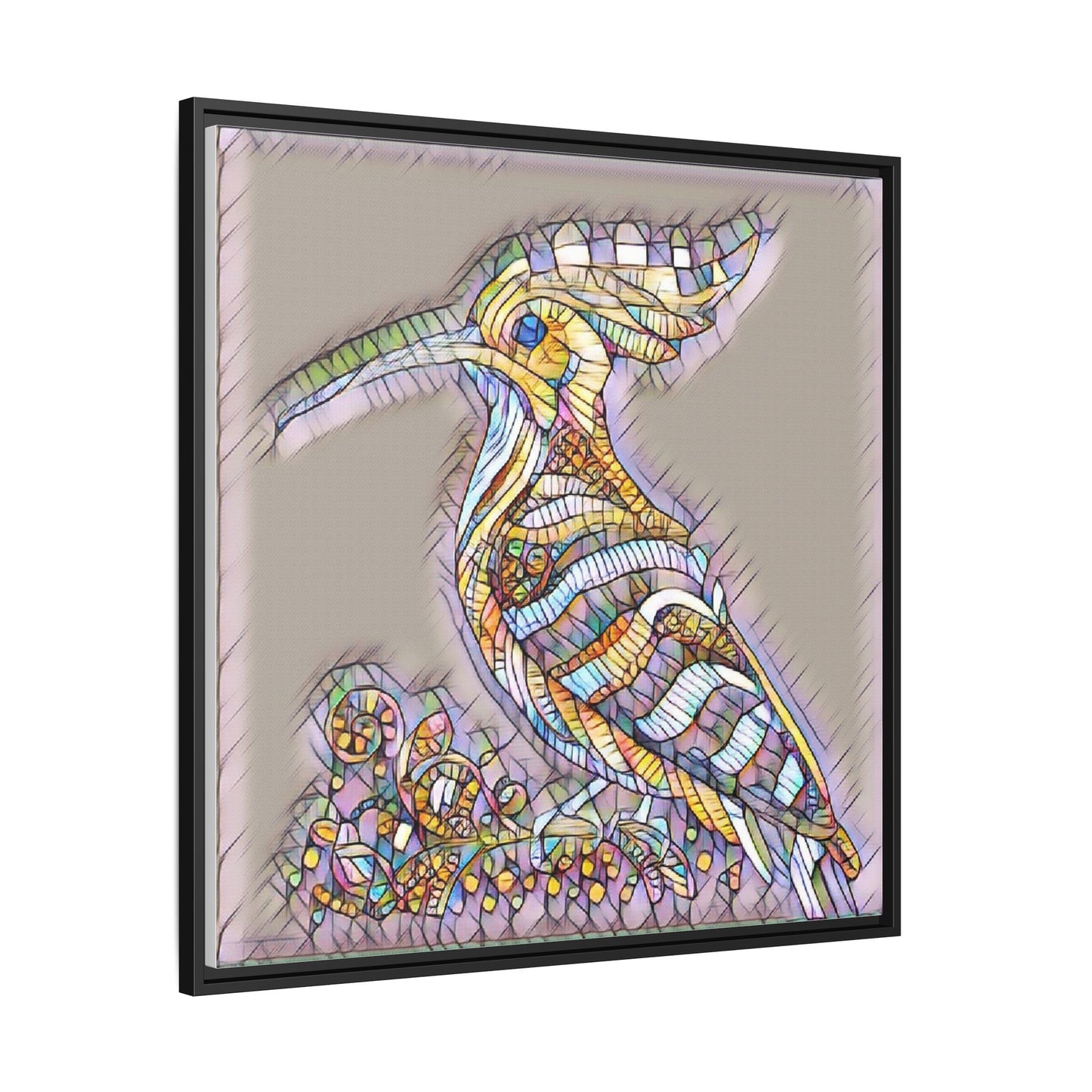 Colorful Mosaic Bird Framed Canvas Art — Whimsical Hoopoe Wall Decor