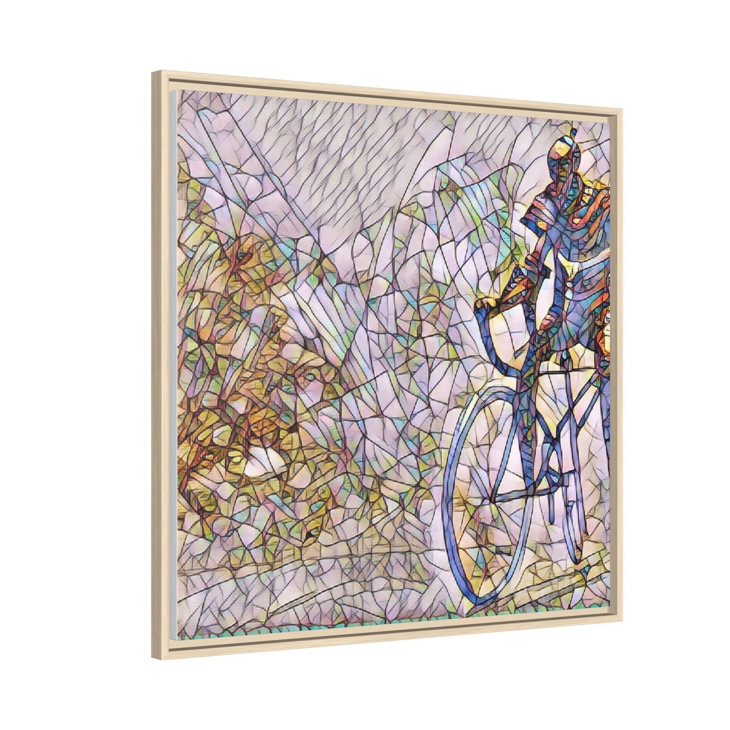 Colorful Cyclist Stained-Glass Art — Framed Matte Canvas