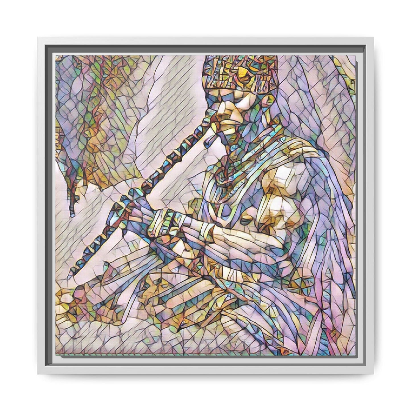 Tribal Flute Musician Stained-Glass Framed Canvas Art
