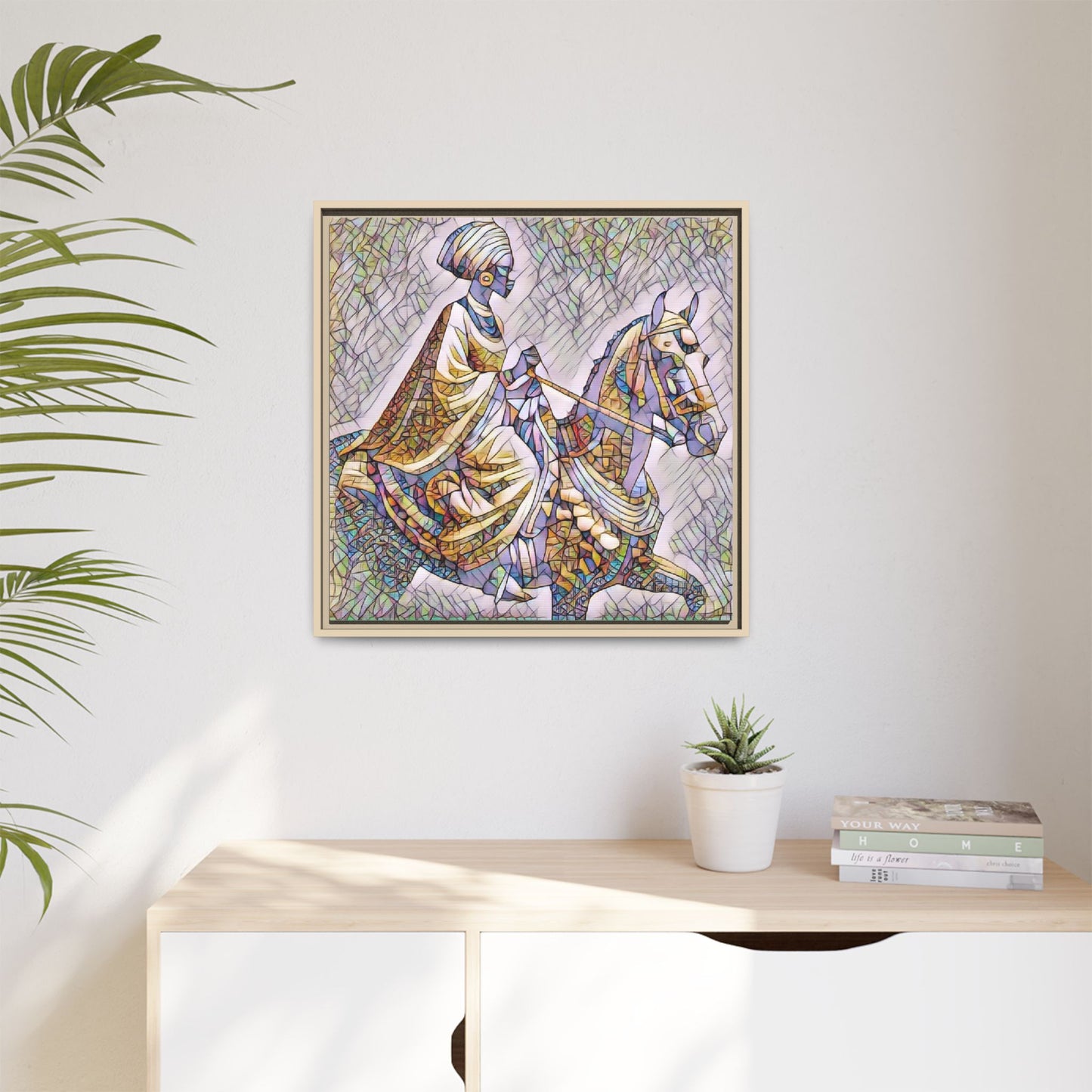 Mosaic Rider Framed Canvas Art — African Horsewoman Wall Decor