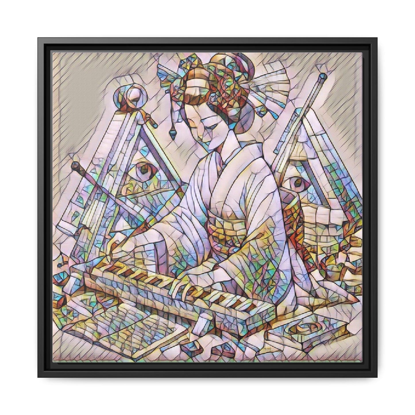Framed Matte Canvas: Stained-Glass Geisha Wall Art