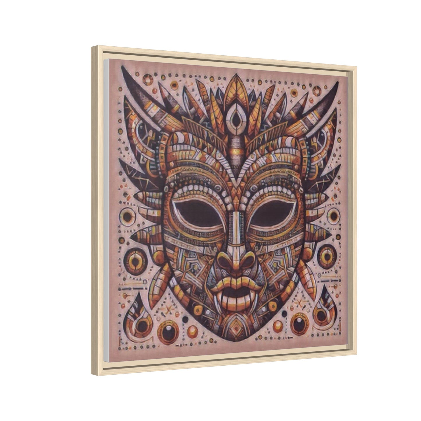 Tribal Mask Framed Canvas Art — Multicolor Matte Wall Decor