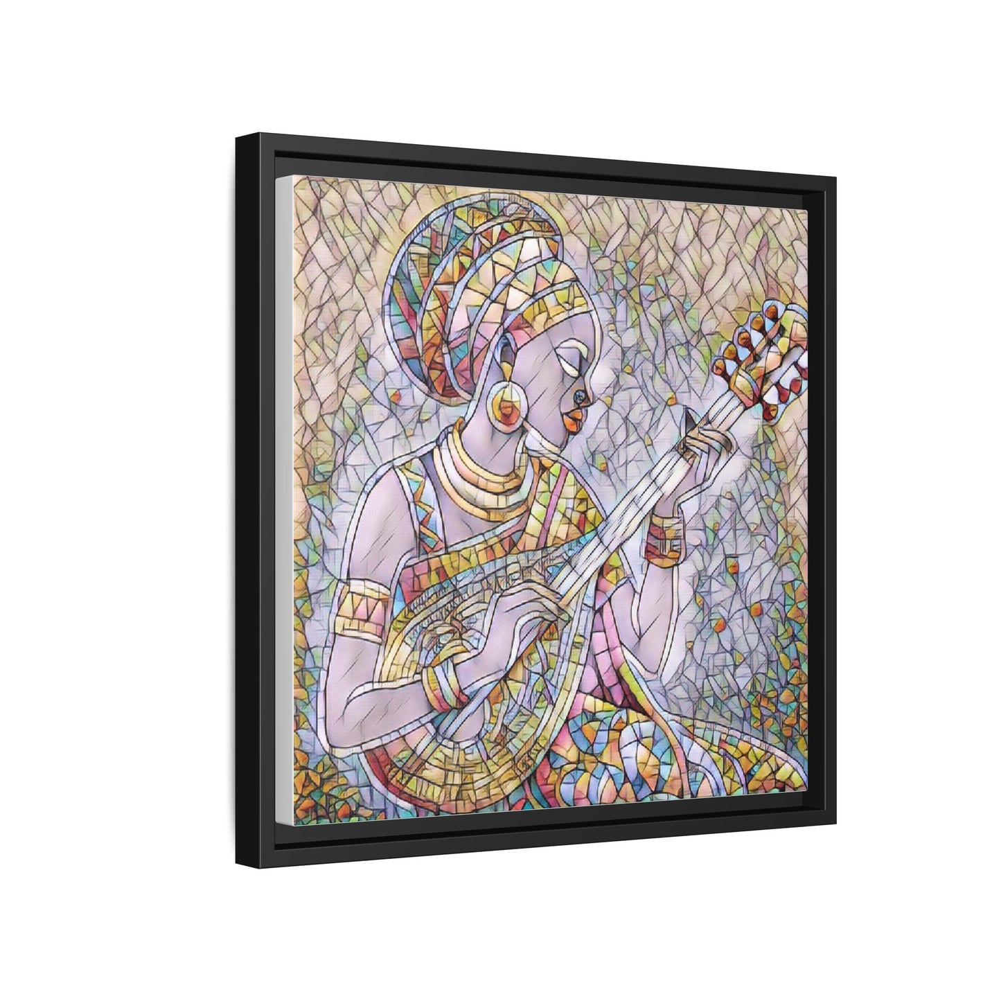 Framed Canvas Art — Colorful African Woman Playing Lute (Matte Multi‑Color)