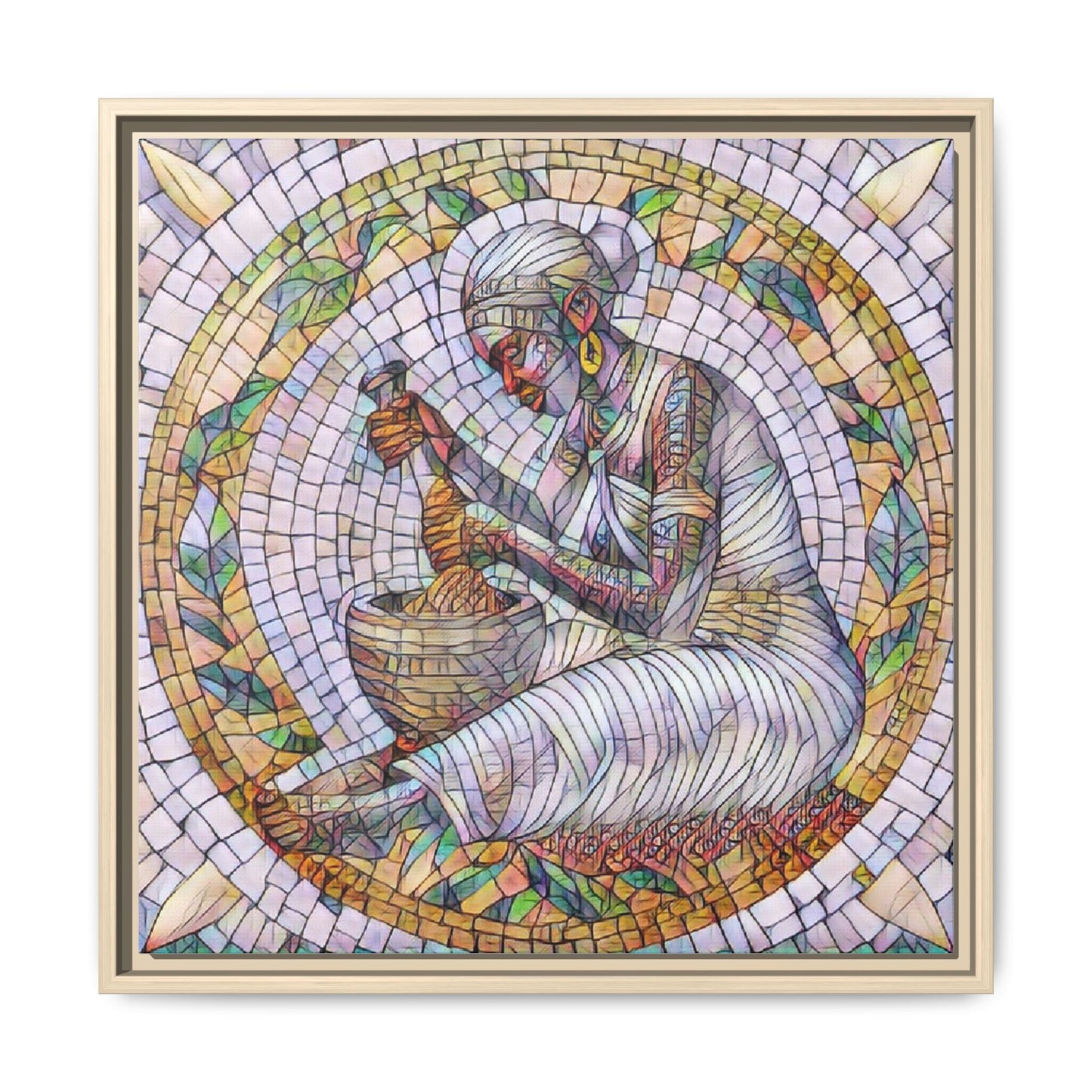 Framed Mosaic Art Print — Woman Grinding Grain (Matte Canvas)