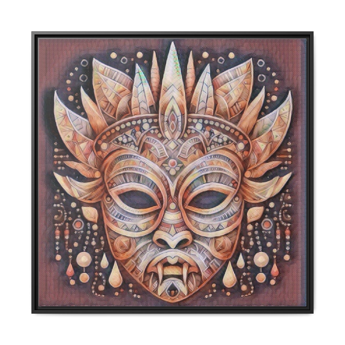 Tribal Sun Mask Framed Canvas Art — Boho Ethnic Wall Decor