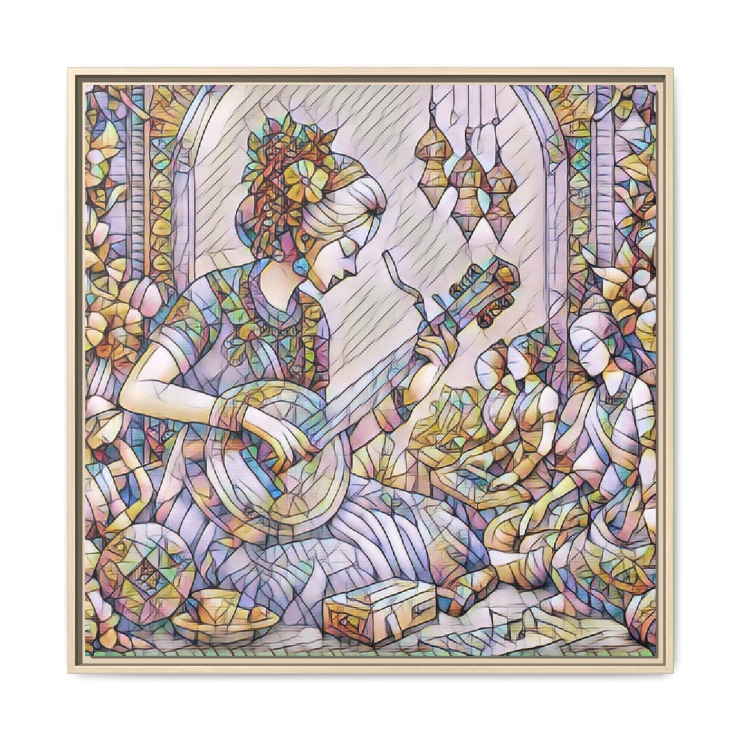 Framed Matte Canvas: Bohemian Woman Playing Lute — Stained-Glass Style Wall Art
