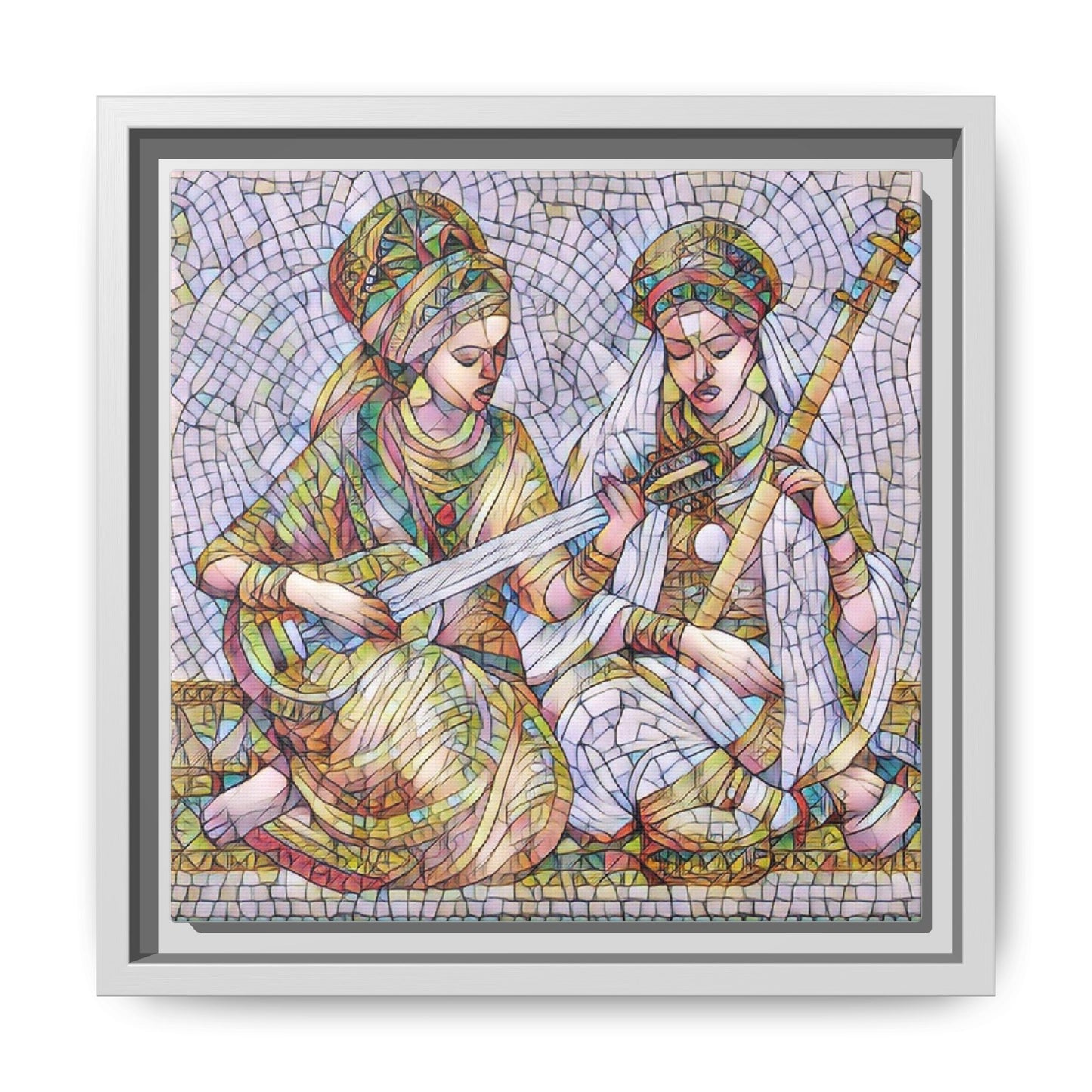 Framed Mosaic Art Print — Two Women Playing Lutes (Matte Canvas)