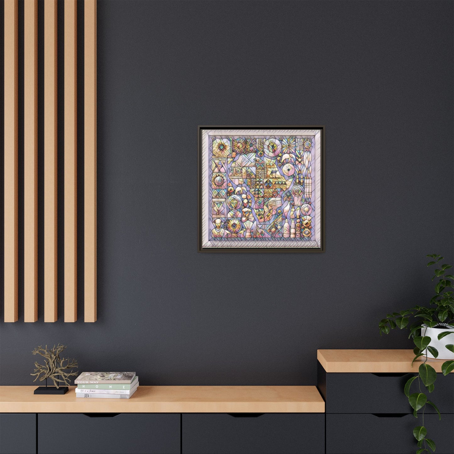 Framed Abstract Mosaic Matte Canvas Art — Pastel Geometric Wall Decor