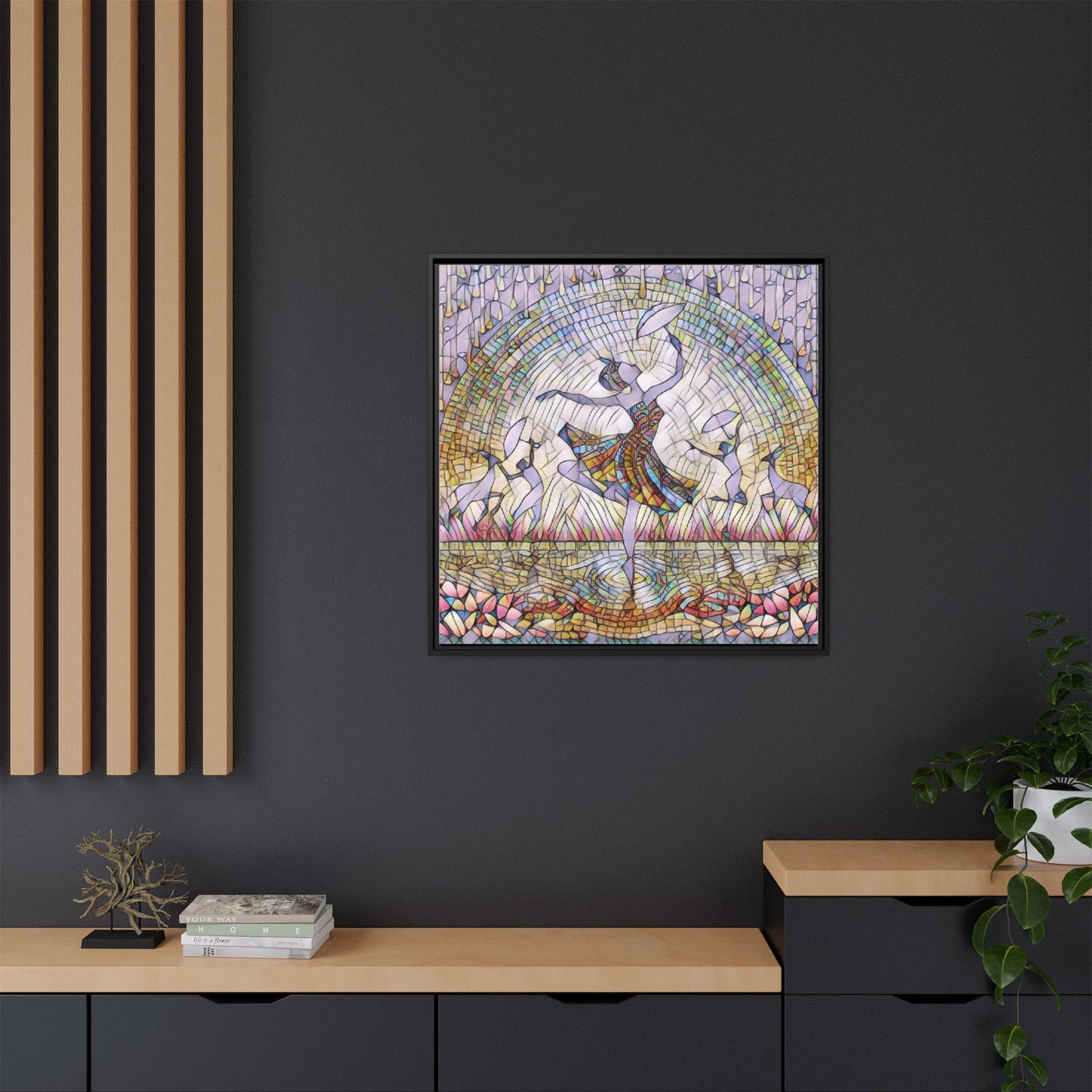 Stained Glass Ballerina Framed Canvas Art — Dancer Mosaic Wall Decor
