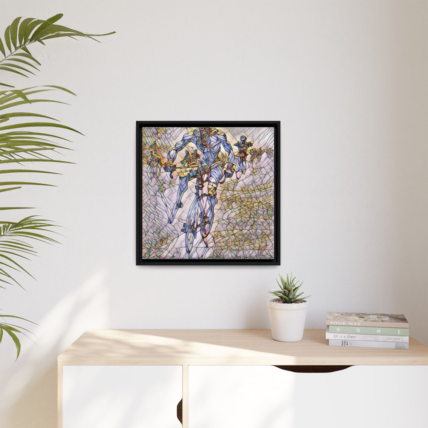 Abstract Cyclist Matte Canvas Framed Art — Colorful Stained-Glass Bike Print