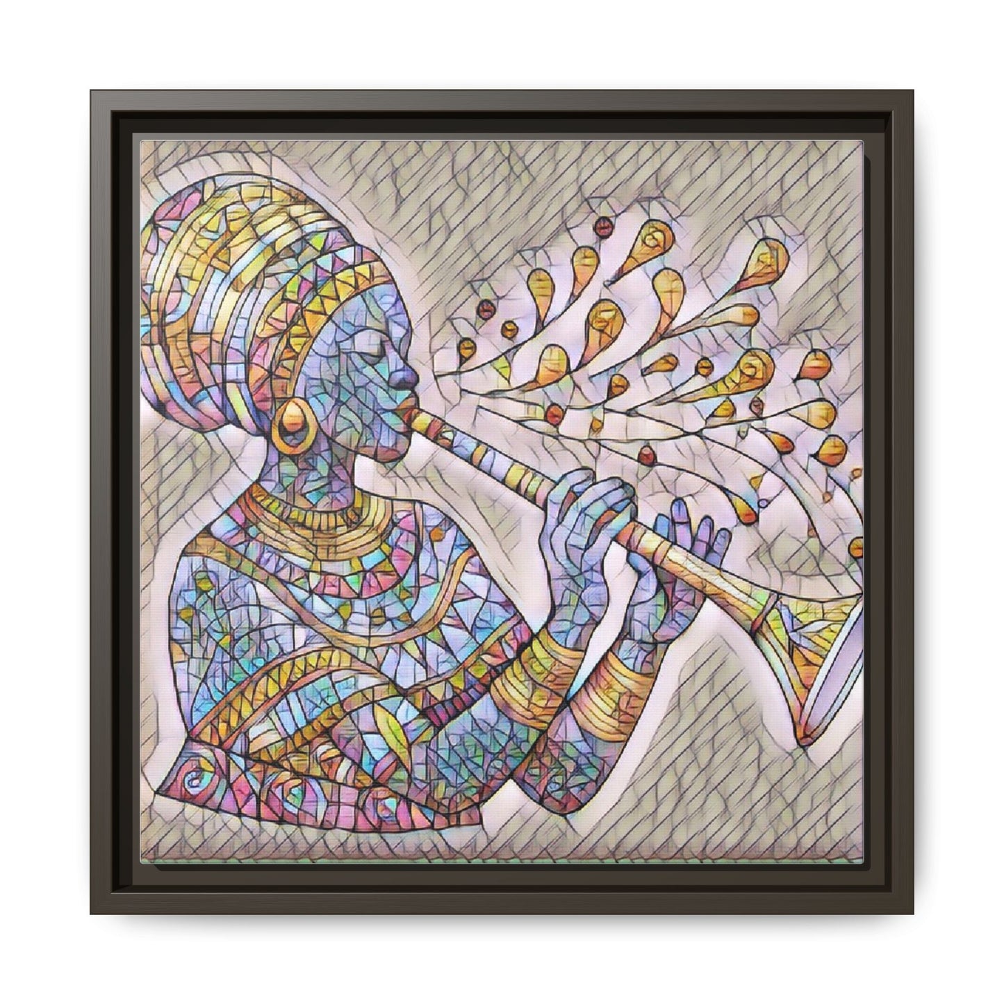 Framed Matte Canvas Art – Colorful African Musician Trumpet Print