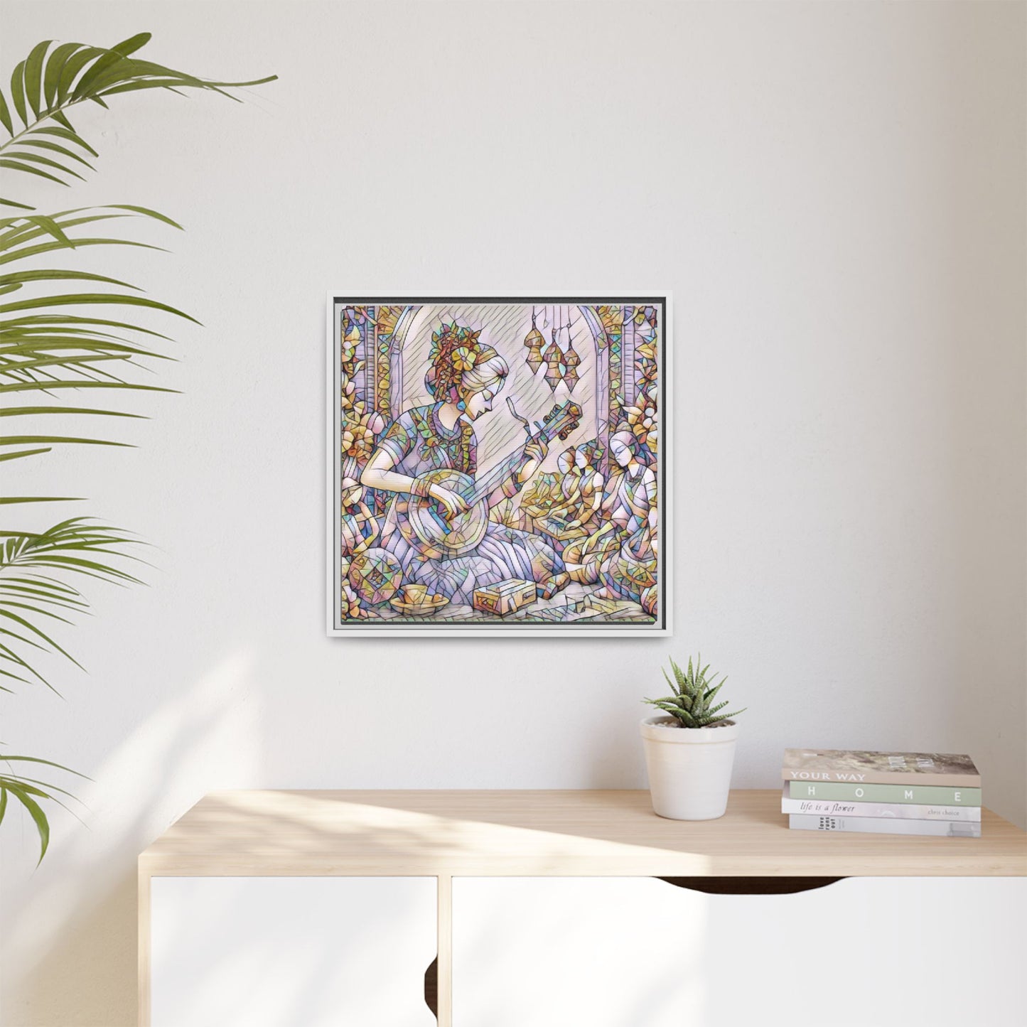Framed Matte Canvas: Bohemian Woman Playing Lute — Stained-Glass Style Wall Art