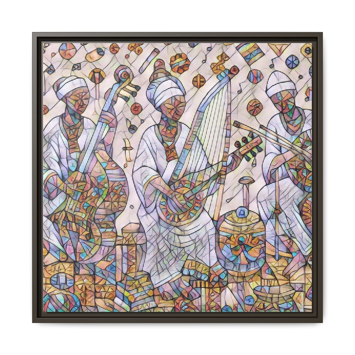 Framed Matte Canvas Print — Colorful African Musicians Stained-Glass Art