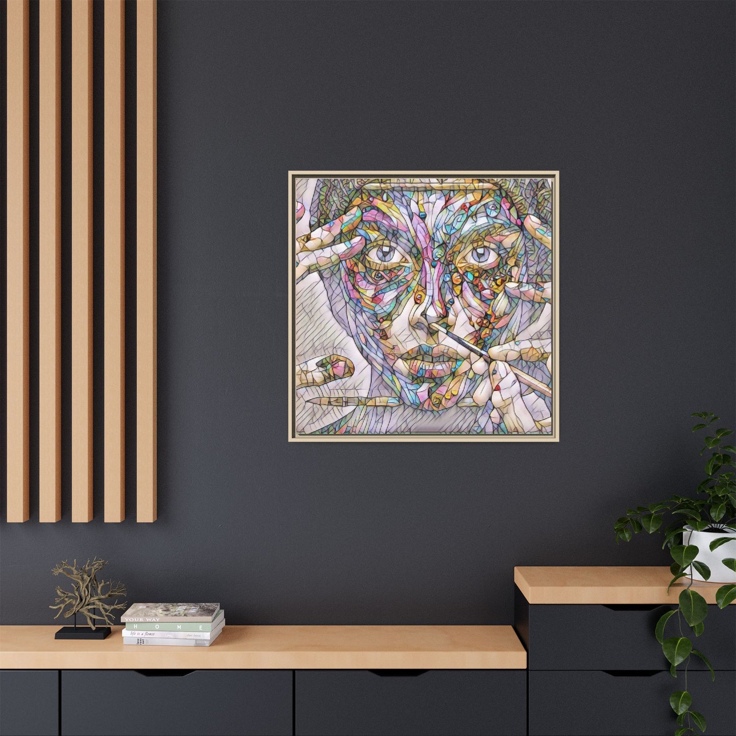 Framed Abstract Mosaic Face Canvas — Colorful Modern Wall Art