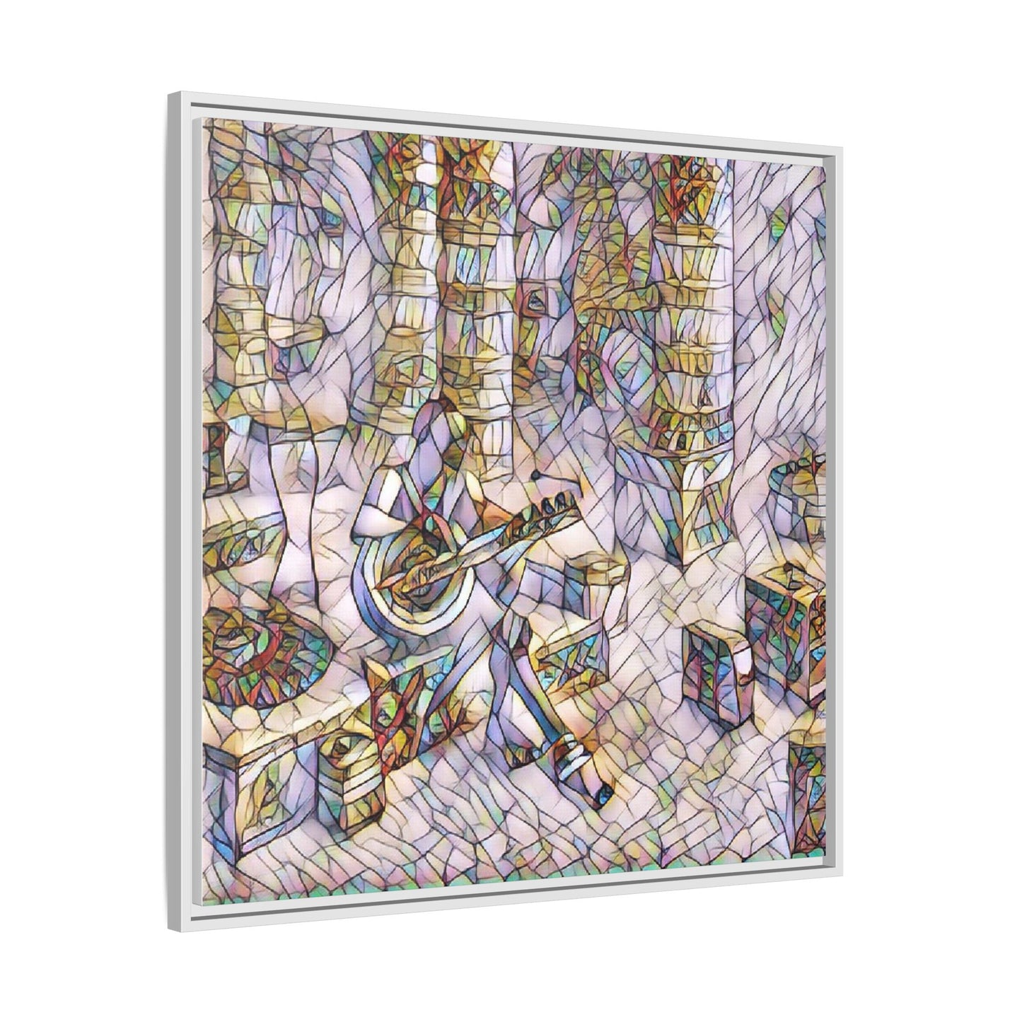 Framed Matte Canvas Art - Abstract Guitarist in Colorful Mosaic