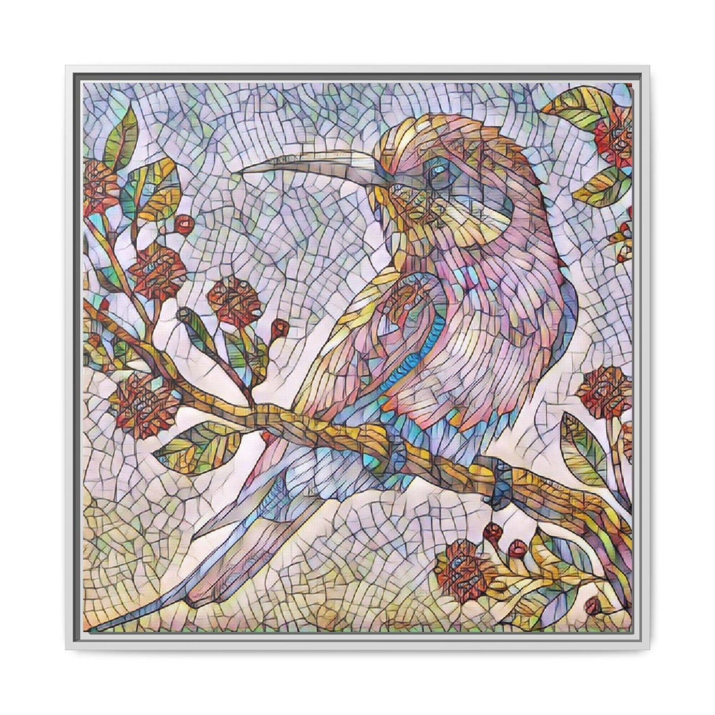 Framed Mosaic Bird Art Print — Colorful Kookaburra Wall Canvas