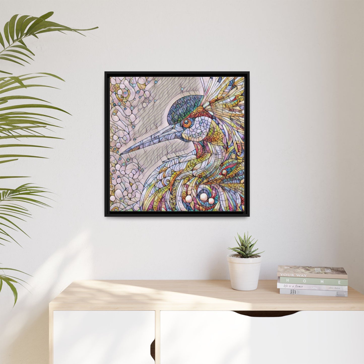 Colorful Stained-Glass Heron Matte Canvas Framed Wall Art
