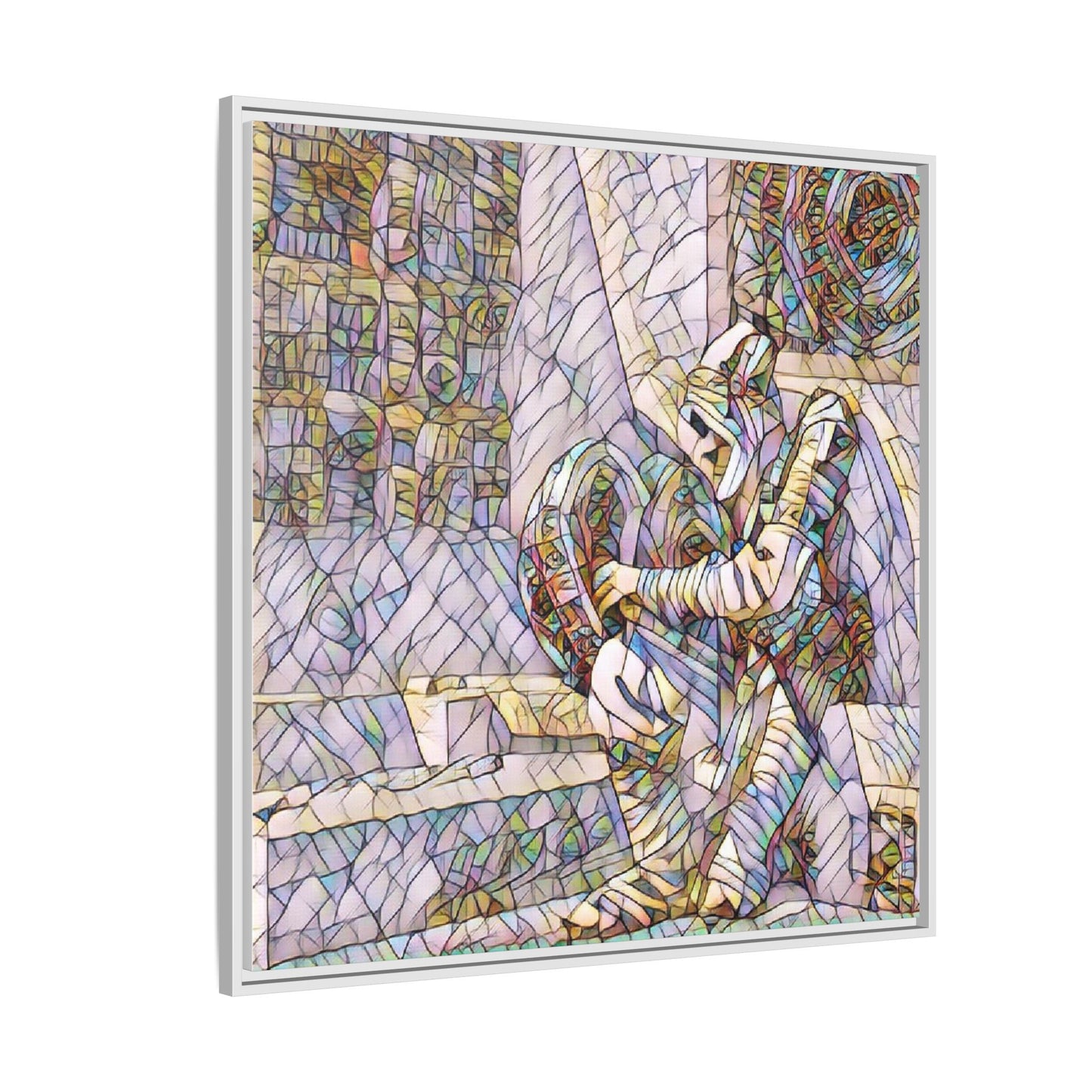 Framed Matte Canvas Art — Colorful Stained-Glass Astronaut Embrace