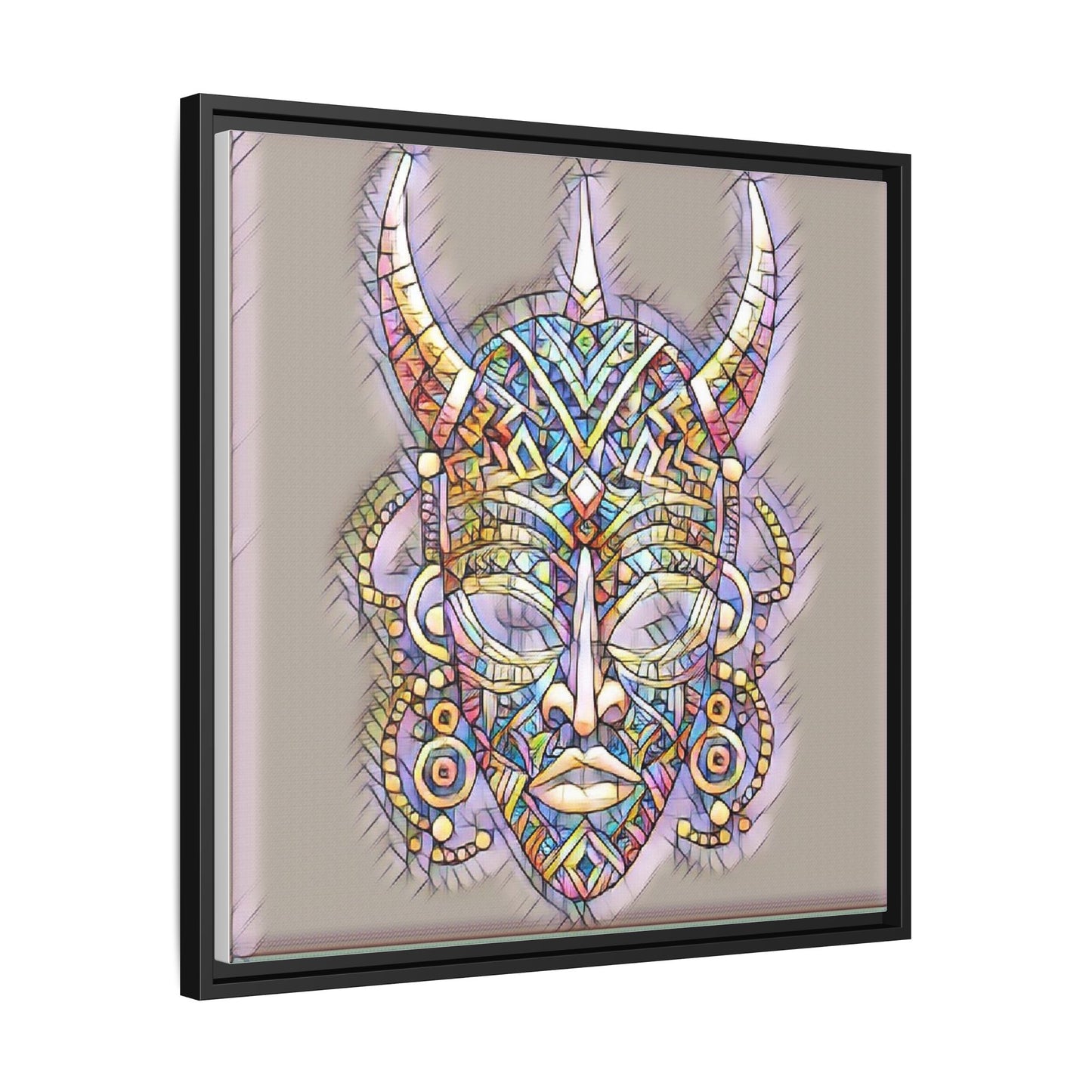 Colorful Tribal Mask Framed Canvas Art — Abstract Ethnic Wall Decor