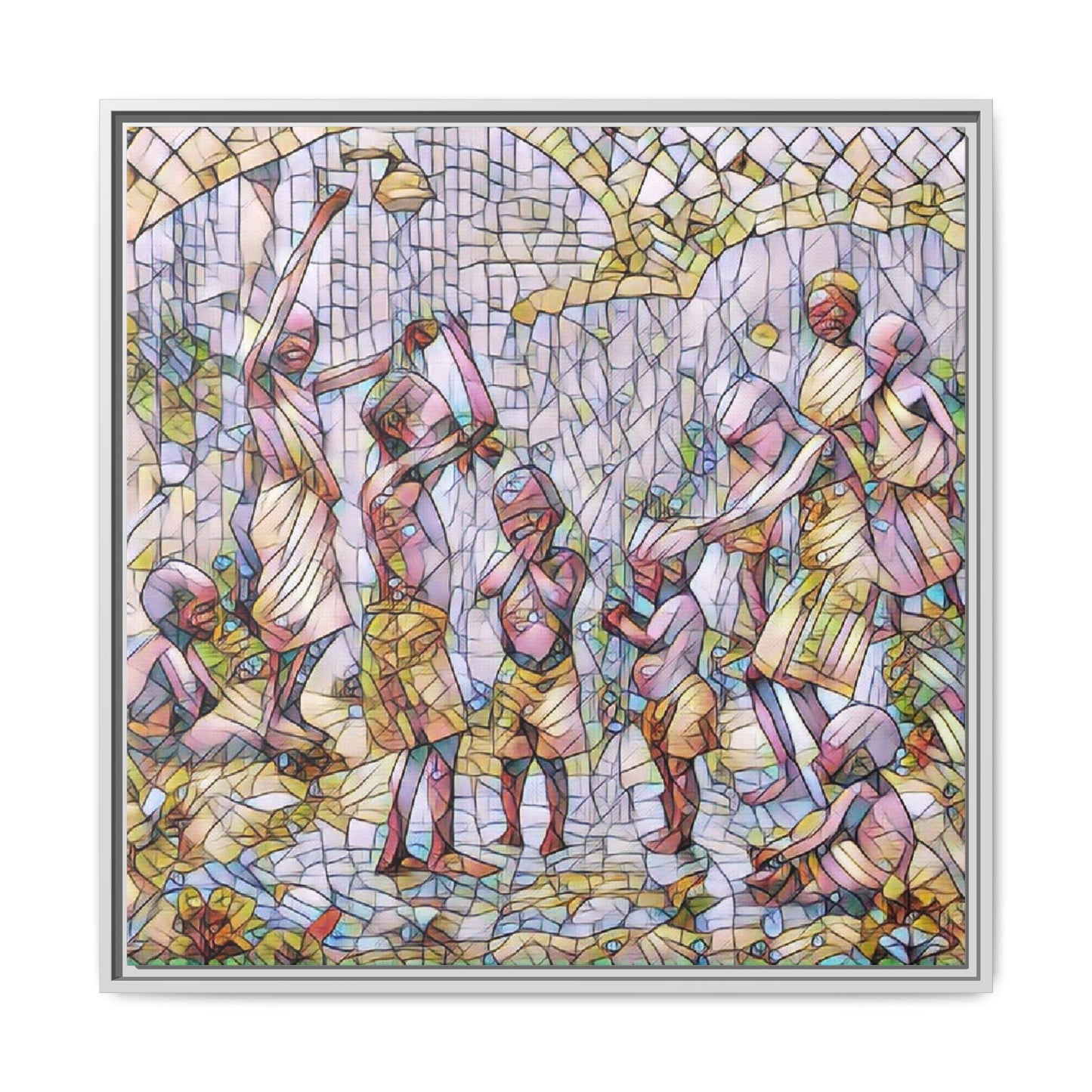 Framed Matte Canvas – Colorful Mosaic Children Playing Wall Art