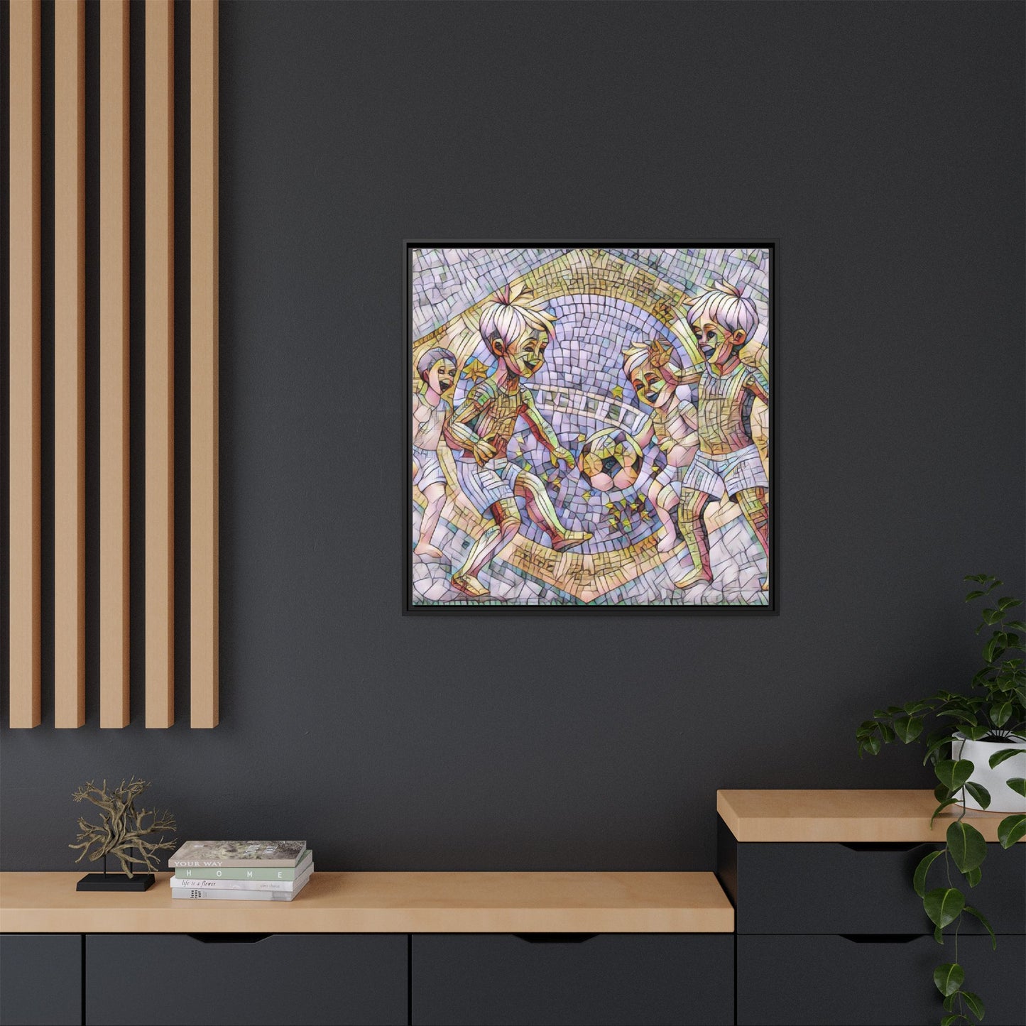 Framed Matte Canvas – Vintage Mosaic Kids Playing Soccer Art