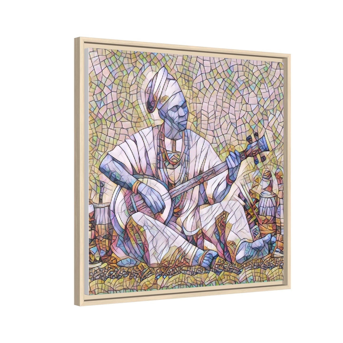 Framed Mosaic Musician Canvas Art — African Griot with Kora